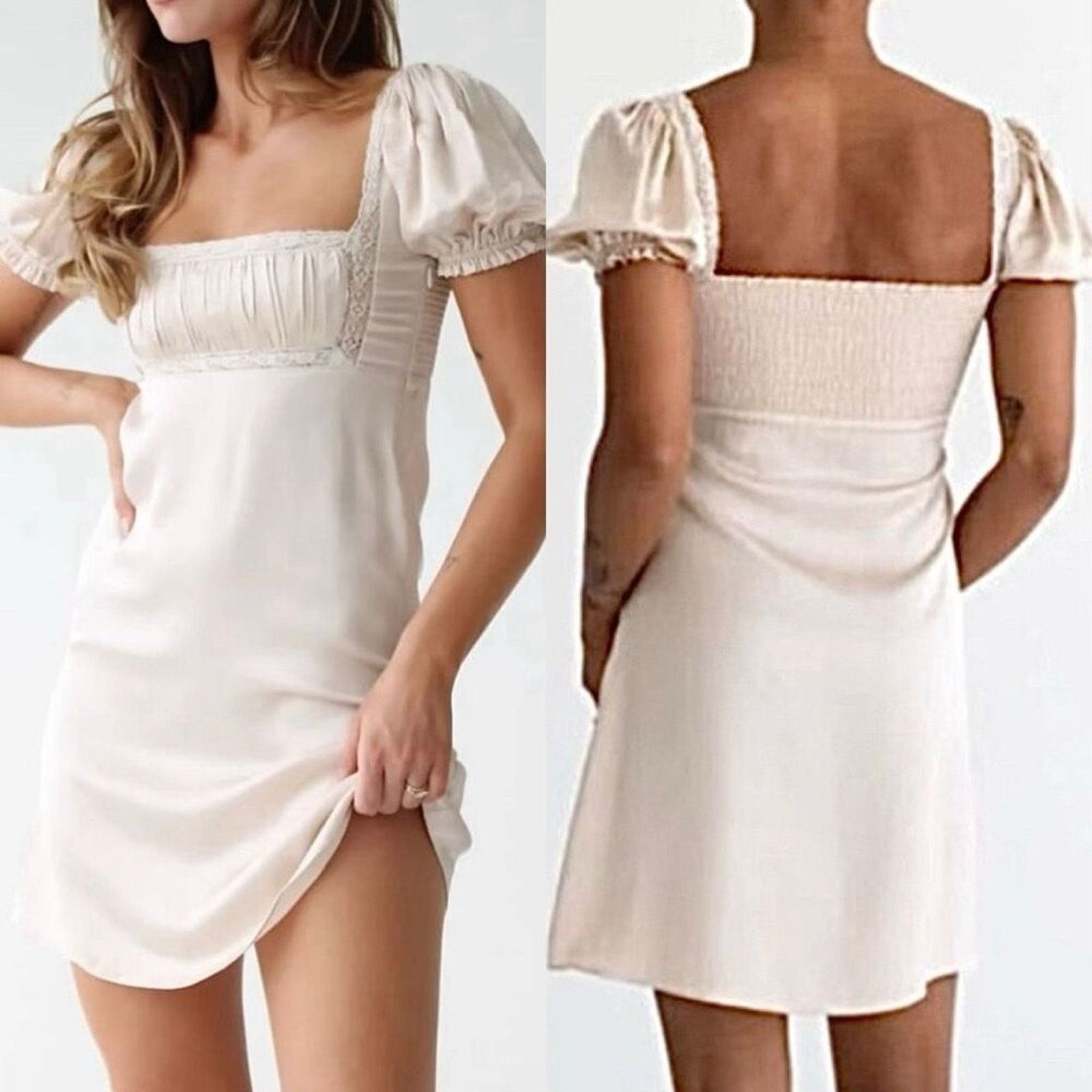 Other Rumored Napa Valley Mini Dress LARGE Beige Smocking Lace NEW Size L / US 10 / IT 46 - 1 Thumbnail