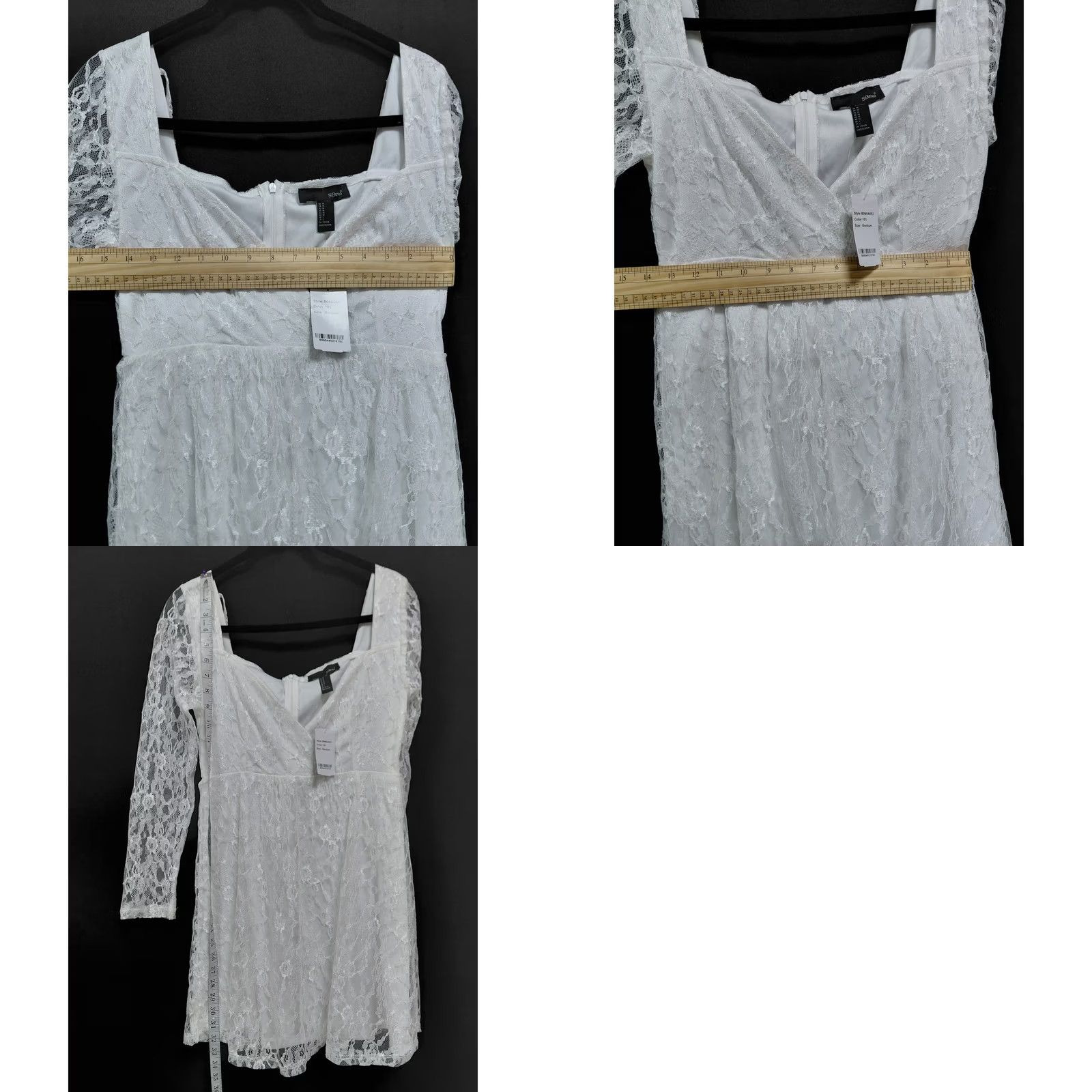 Vintage SBetro White Lace Dress Long Sleeve Scoop Neck A-Line Women M Short Solid Dress Size M / US 6-8 / IT 42-44 - 8 Thumbnail