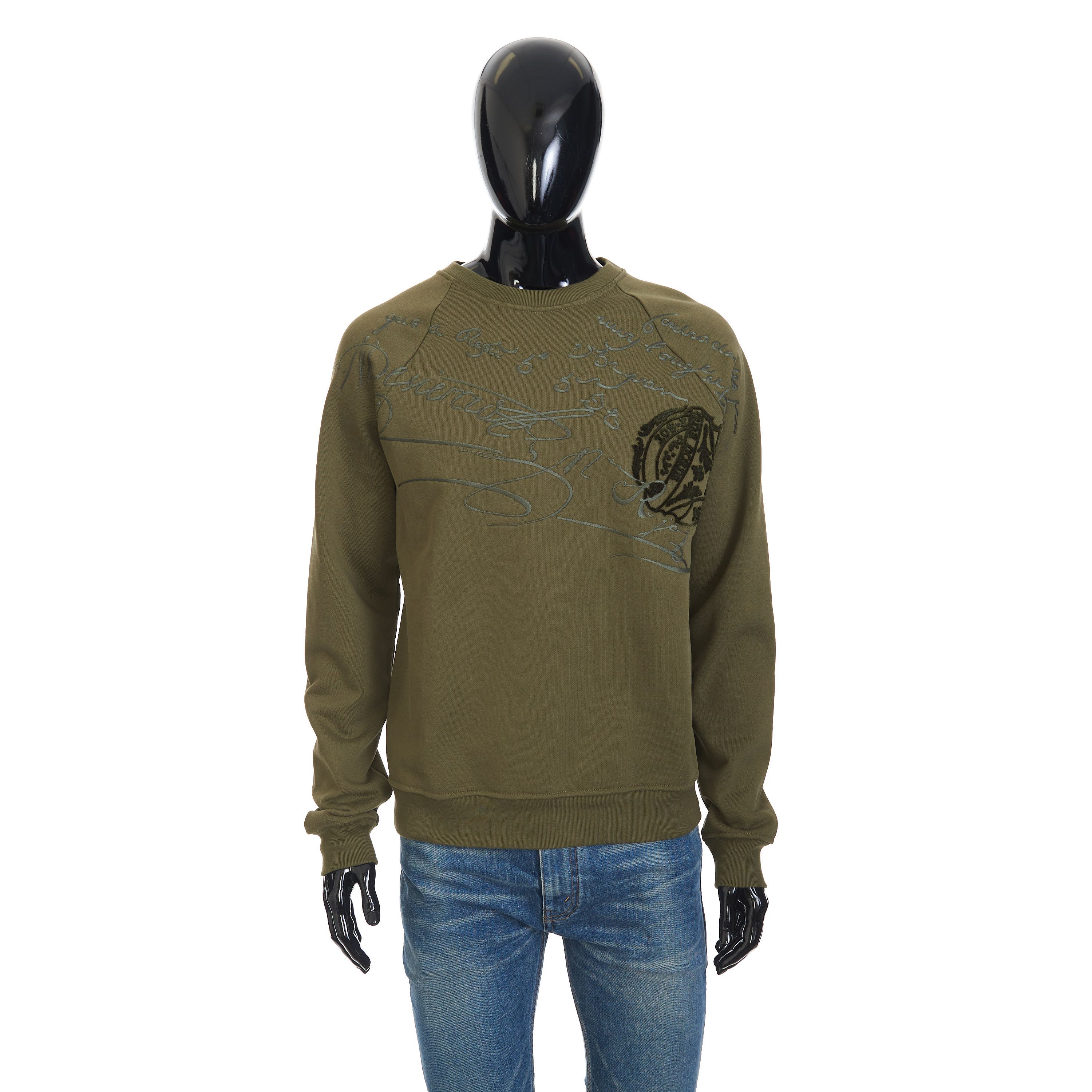 Berluti Embroidered Scritto Sweatshirt In Khaki Green Cotton Size US M / EU 48-50 / 2 - 1 Thumbnail