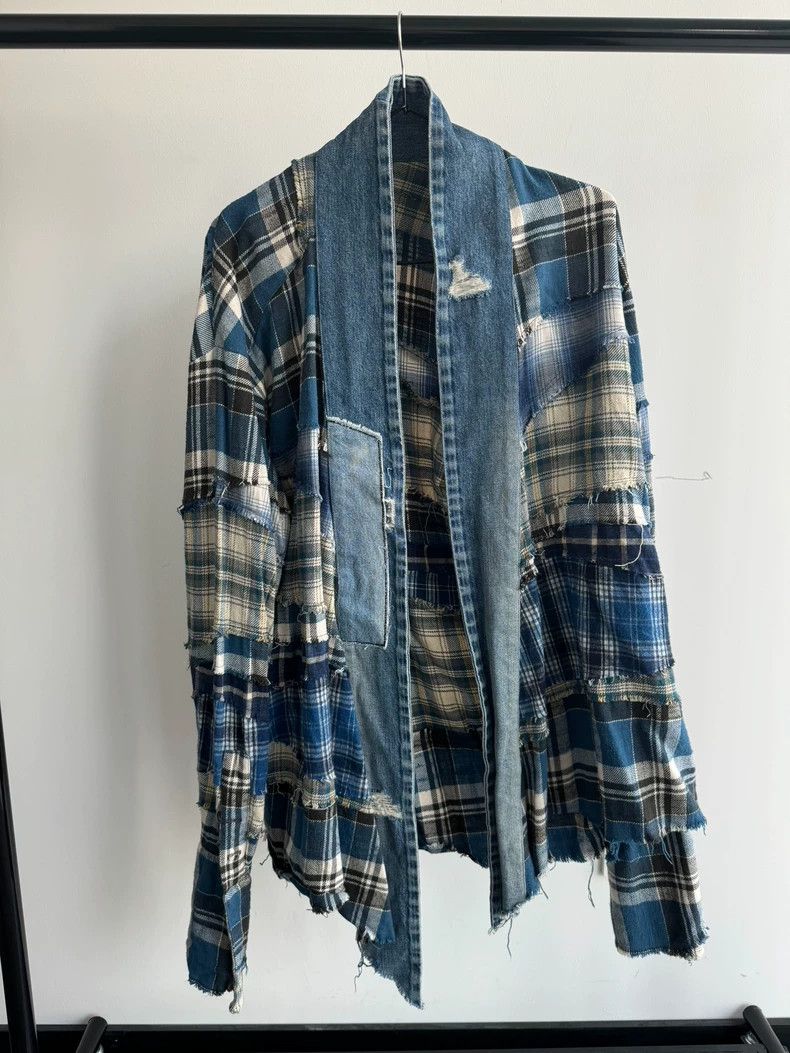 greg lauren plaid denim robe shirt jacket-dmc