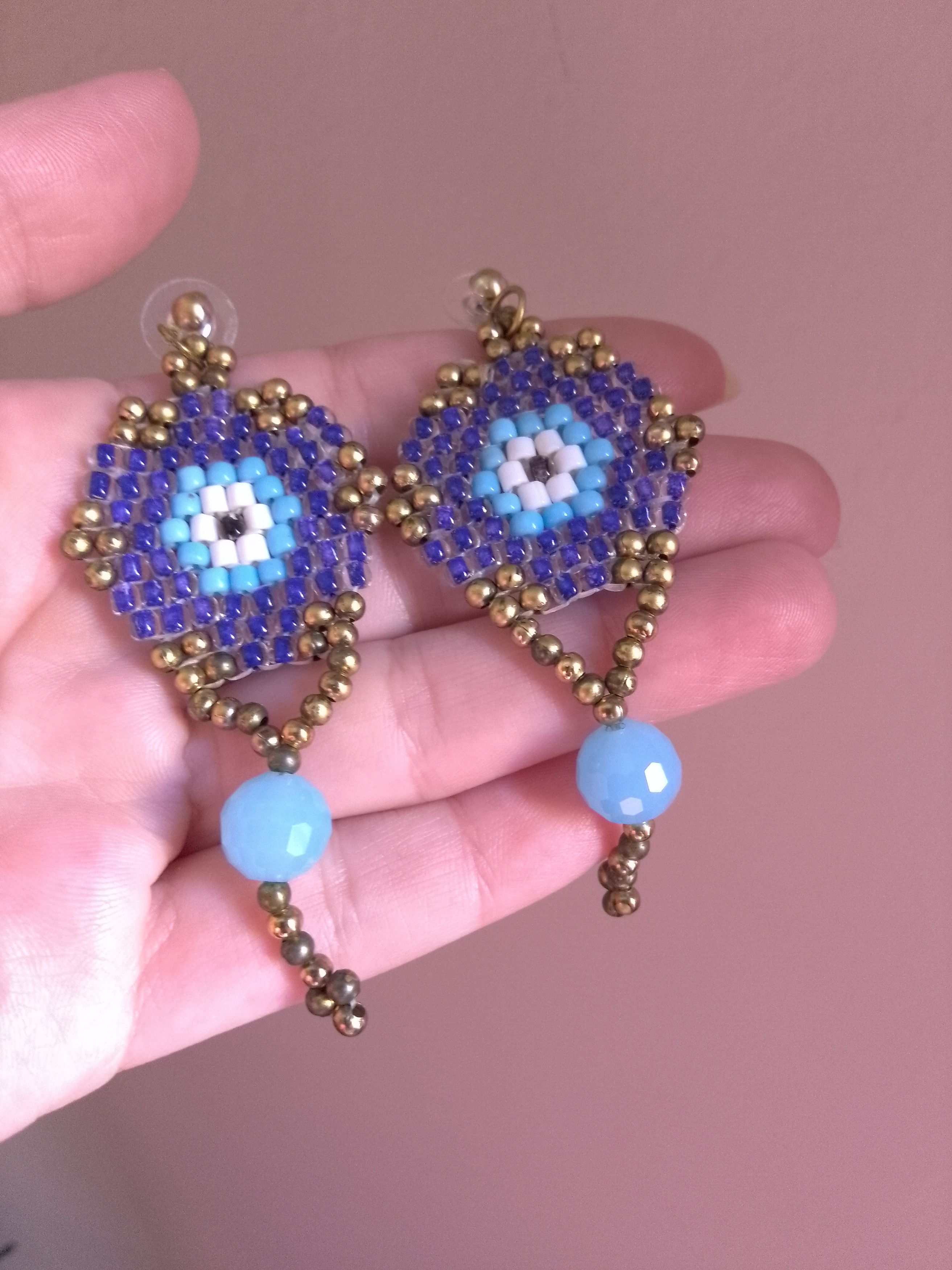 Handmade Earrings Eye Shaped Beaded Blue Crystal Lucky Charm Size ONE SIZE - 5 Thumbnail
