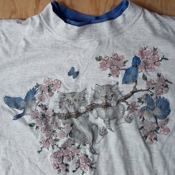Vintage Vintage Day Break Kittens Cats Birds Double Sleeve T-Shirt Size US L / EU 52-54 / 3 - 1 Thumbnail