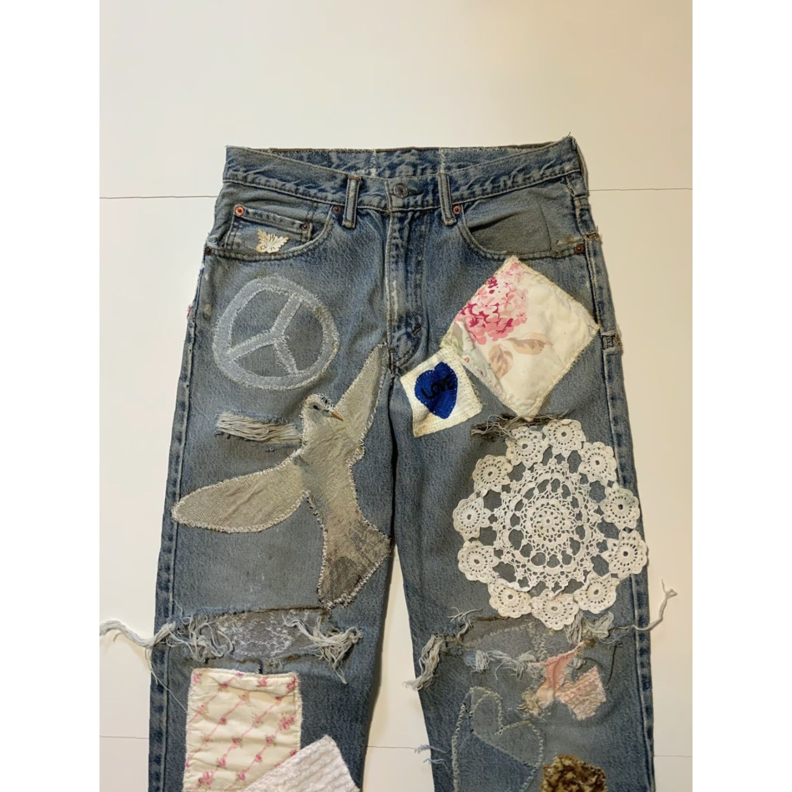 VINTAGE Levis Patchwork Peace Love Butterfly Cherub OOAK Rework 1/1 Denim Jeans - Levi's Jeans, Patchwork, 32x32, Blue, Button Fly, Classic Fit, Mens