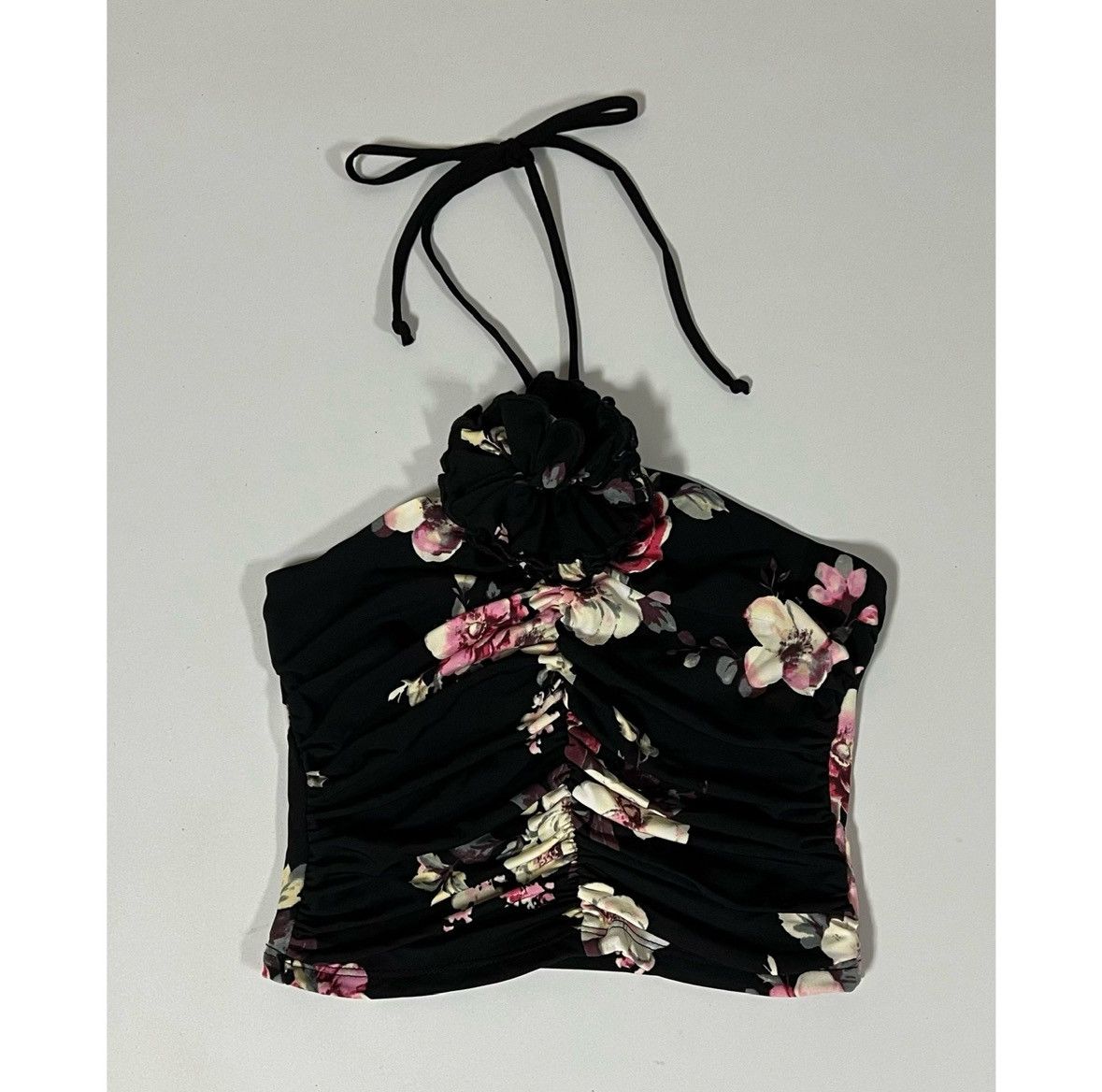 Vintage Black Flower Floral Ruched Halter Top Shirt Blouse Size S 🌸 Size S / US 4 / IT 40 - 2 Thumbnail