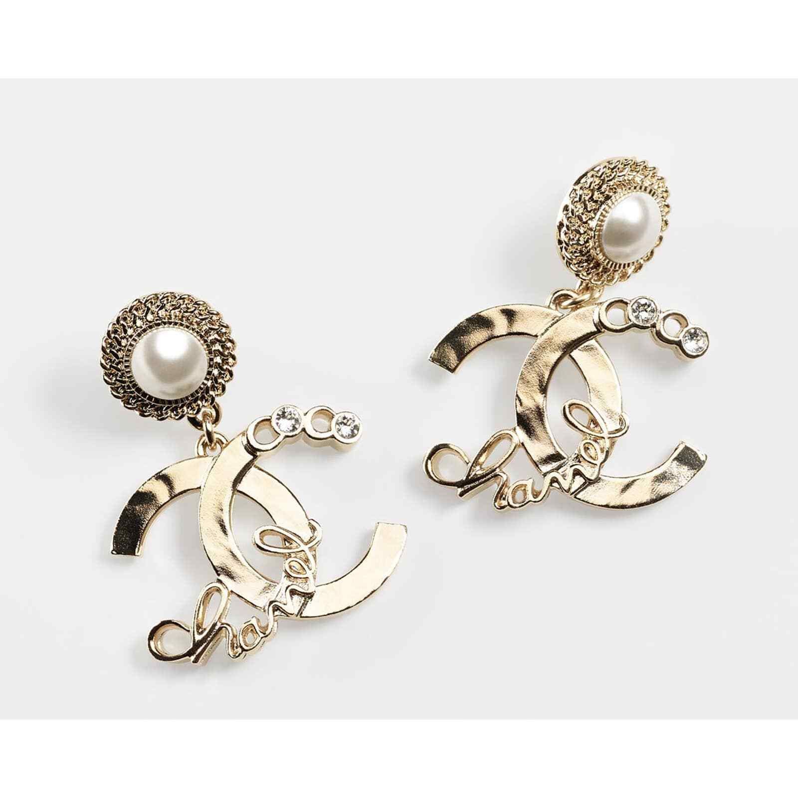 Chanel Chanel Gold Crystal Pearl White Dangle Statement Earrings Size ONE SIZE - 4 Thumbnail