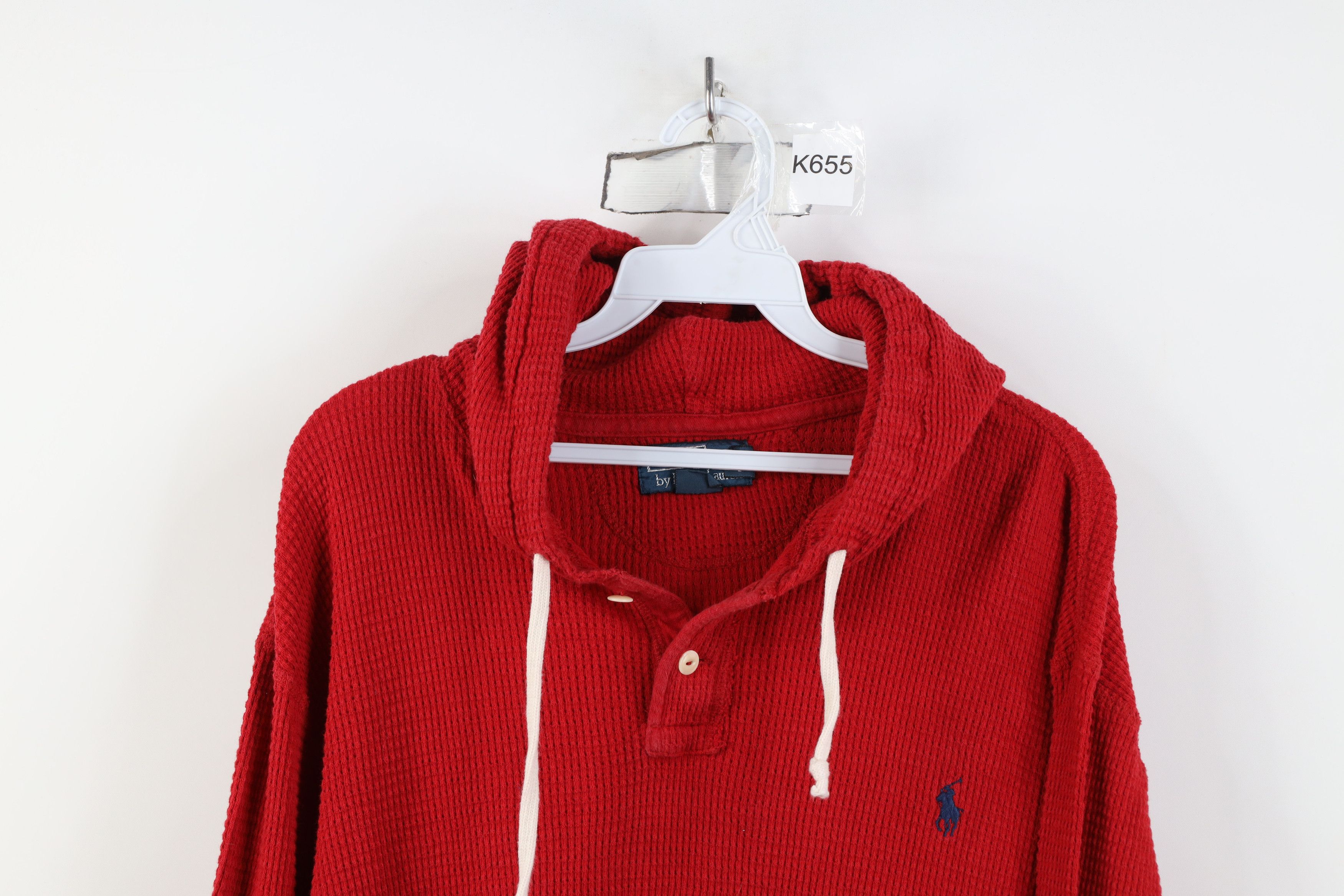 Ralph Lauren Vintage 90s Ralph Lauren Waffle Knit Henley Hoodie Red Size US XXL / EU 58 / 5 - 2 Thumbnail