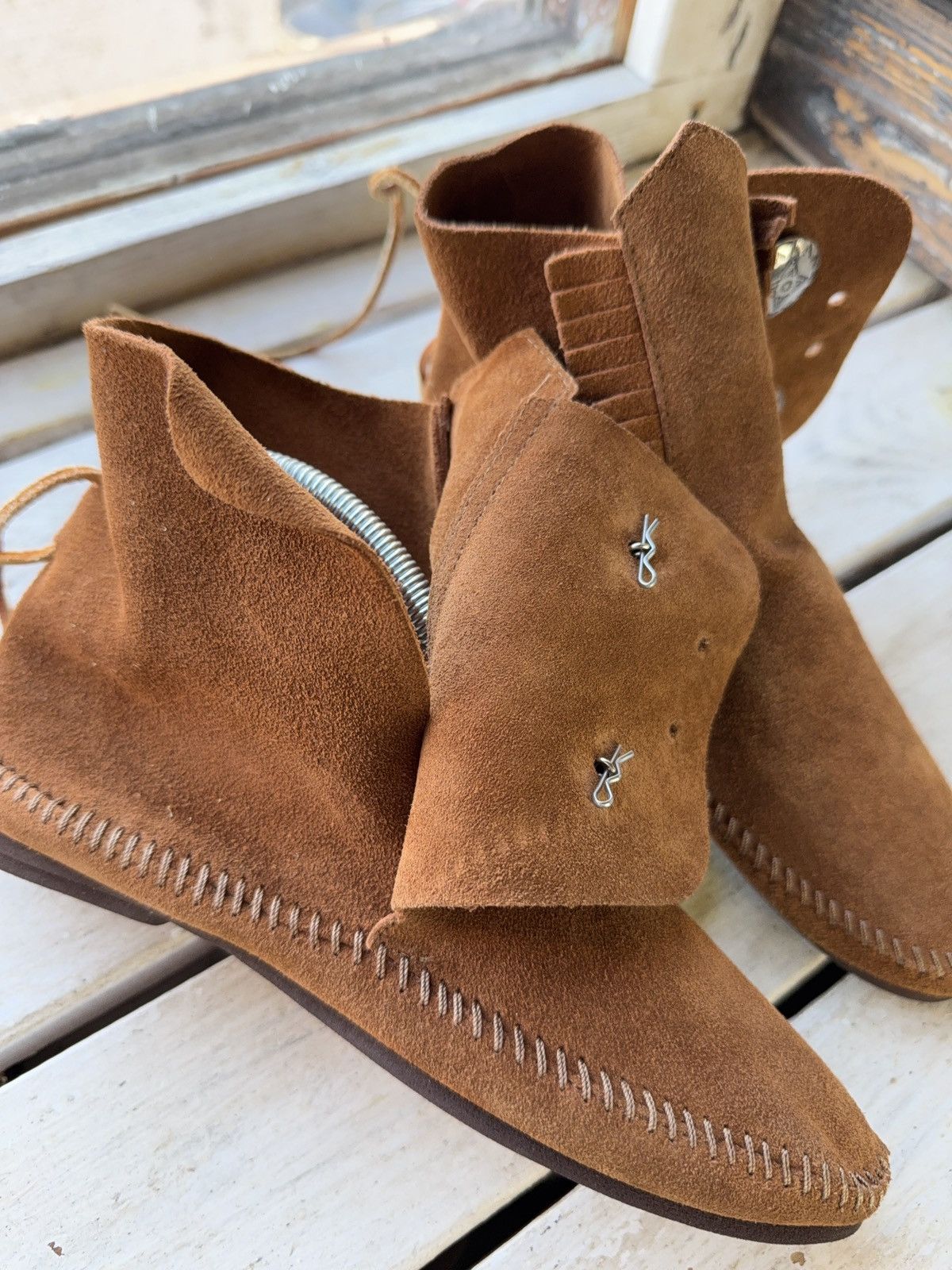 Vintage Vintage 00s Western USA Made Suede Fringe Moccasin Boots Size US 7 / IT 37 - 14 Thumbnail