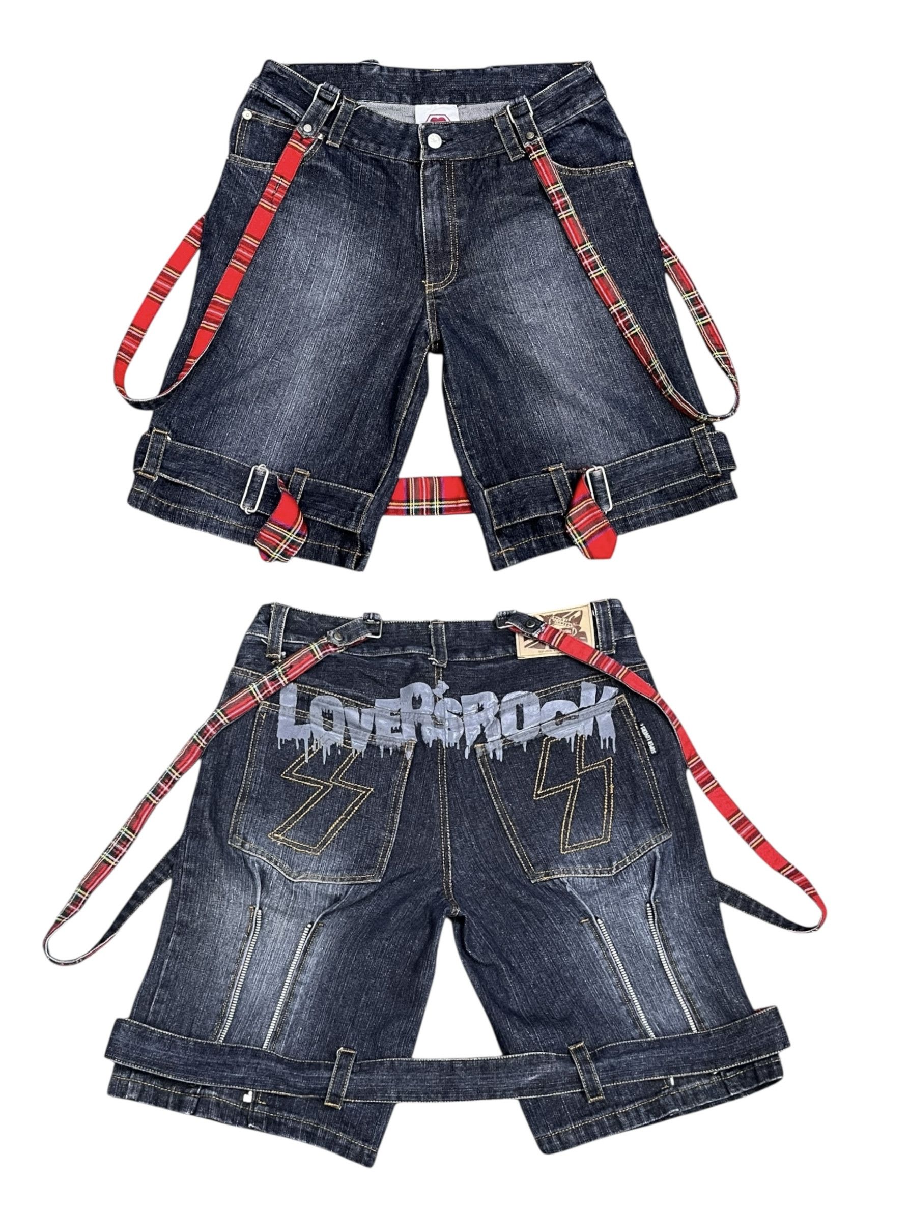 Super Lovers Vtg LOVER'S ROCK Bondage Denim Shorts | Punk Melted Spellout Size US 30 / EU 46 - 1 Thumbnail