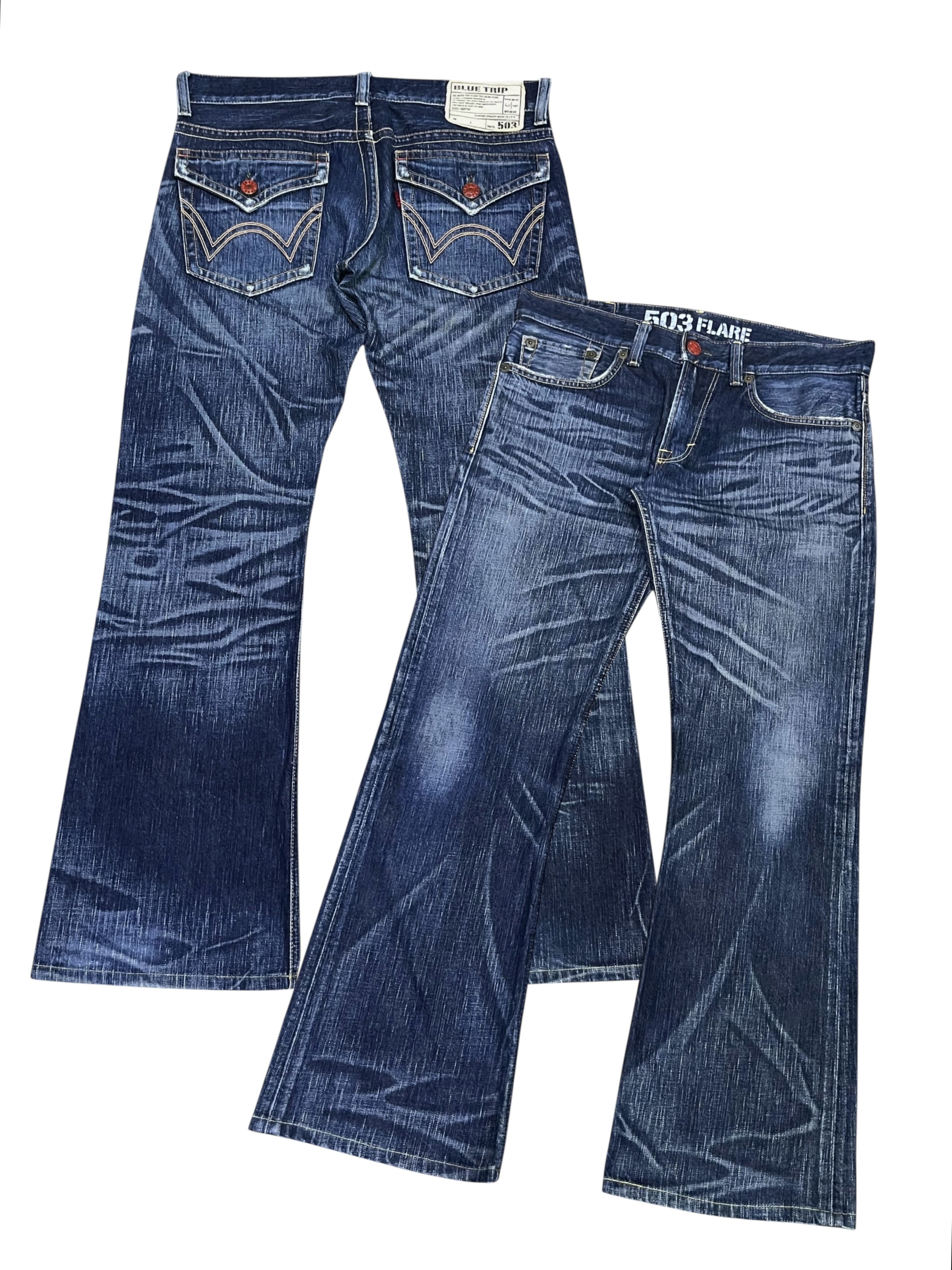 Edwin Vintage 503 FLARE Blue Trip Japan Denim Rare Harajuku Grunge