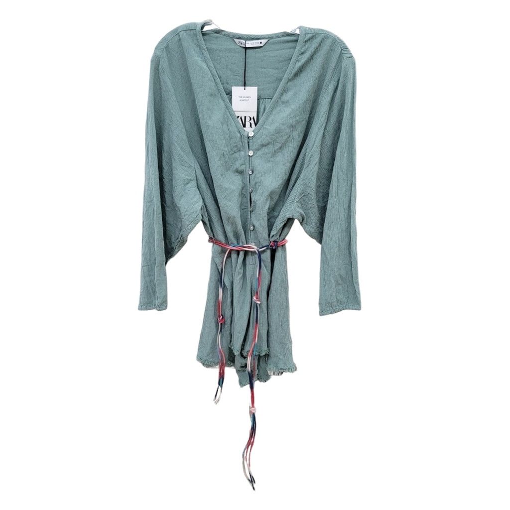 Zara NWT Zara 'Mumbai Jumpsuit' Sage Green Raw Hem Romper & Belt Size 25" / US 0 / IT 36 - 6 Thumbnail