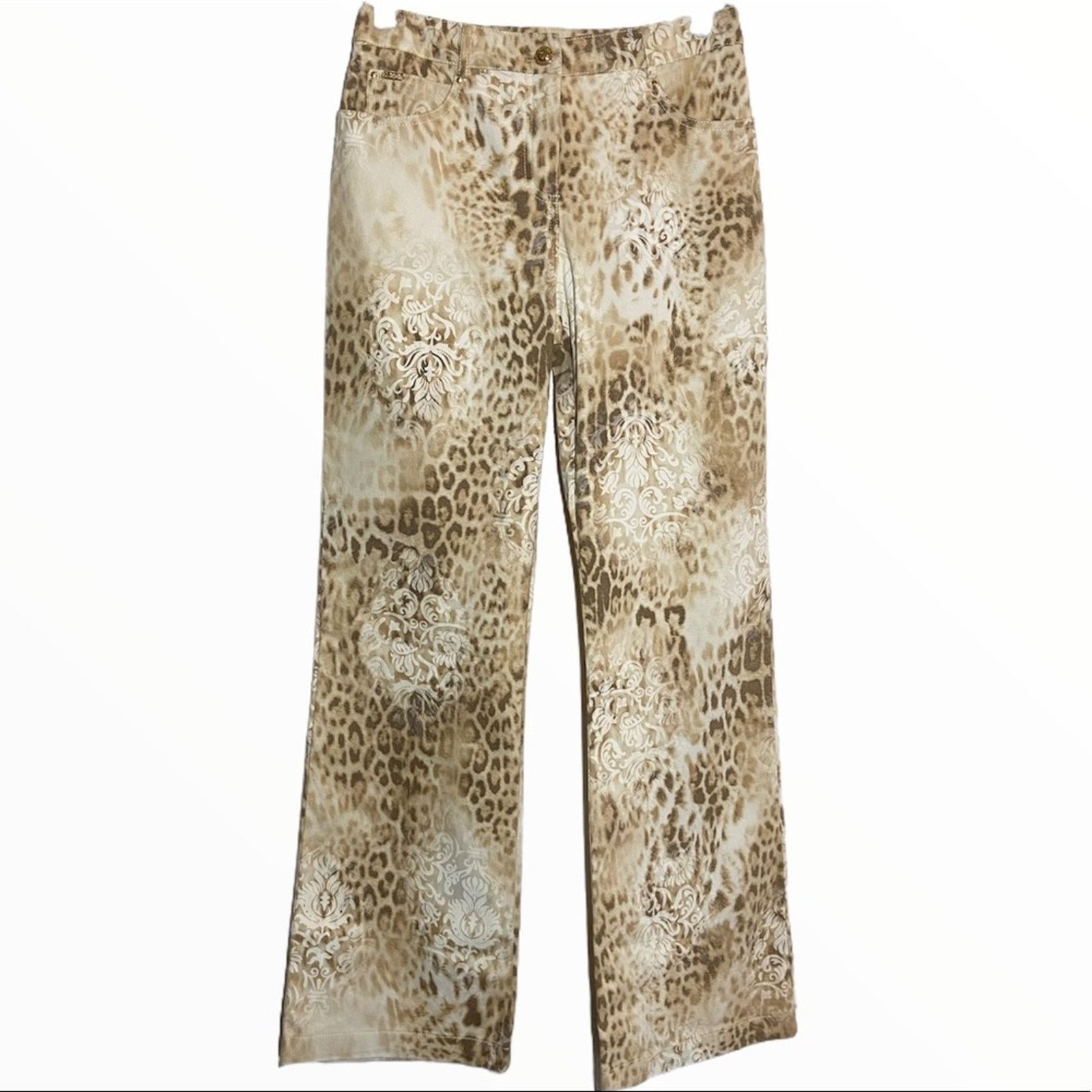 image of St. John Sport Leopard Florentine Scroll Cheetah Y2K Pants 2 in White, Women's (Size 26)