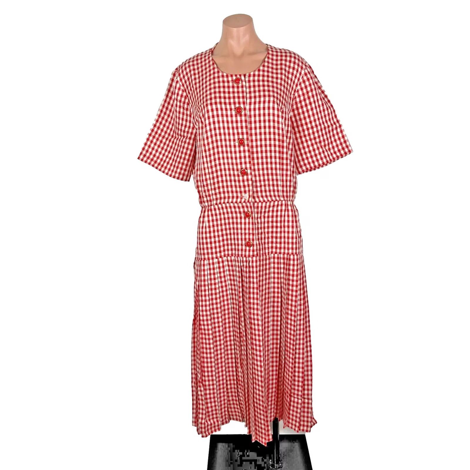 Vintage Vtg 80s Dress Western Cowgirl Red Checkered Midi A-Line Button Down sz L Size L / US 10 / IT 46 - 2 Thumbnail