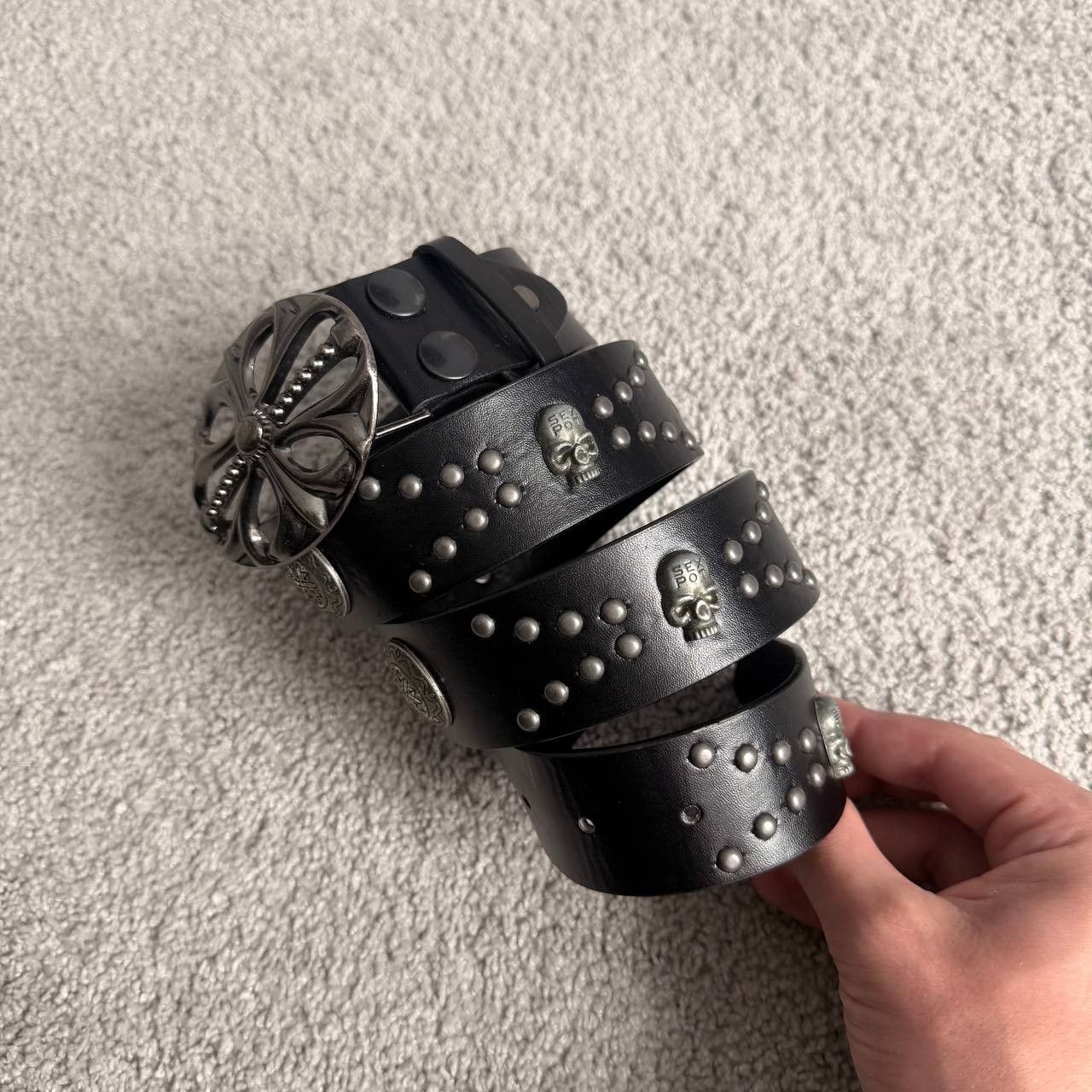 Vintage Avant Garde Black Leather Chrome metal Skull Belt Size 32 - 1 Thumbnail