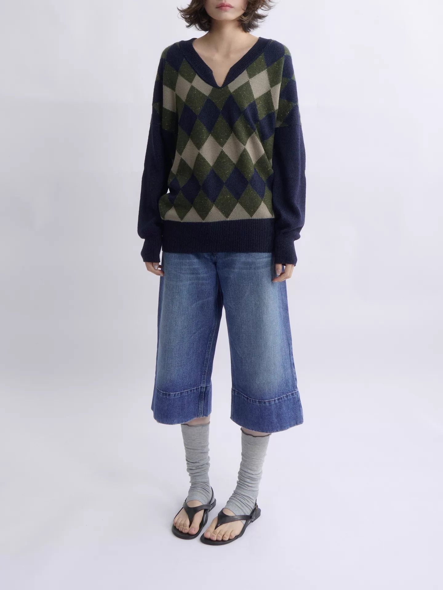 Chloe CHLOE ARGYLE V-NECK KNIT SWEATER MILITARY/NAVY/BEIGE Size XS / US 0-2 / IT 36-38 - 1 Thumbnail