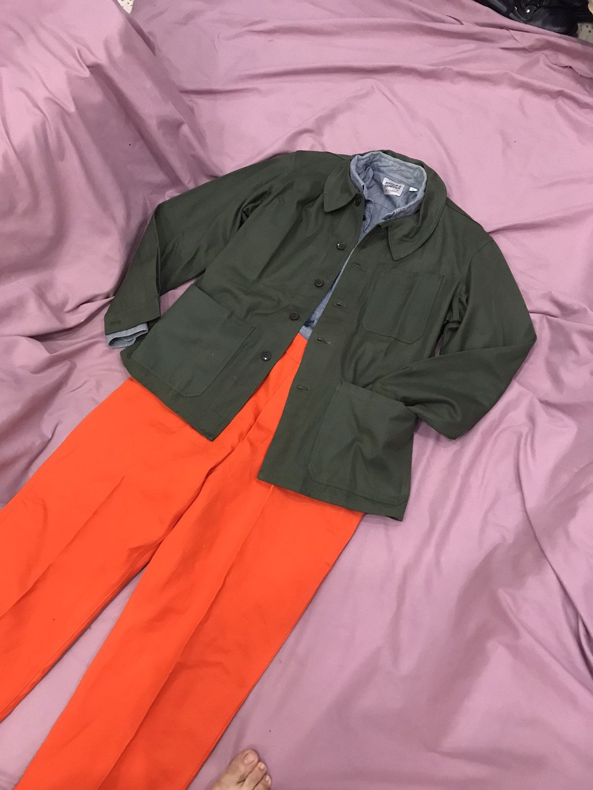 Other 60s FRENCH ARMY CHORE COAT sage, like new stiff work jacket Size US M / EU 48-50 / 2 - 7 Thumbnail