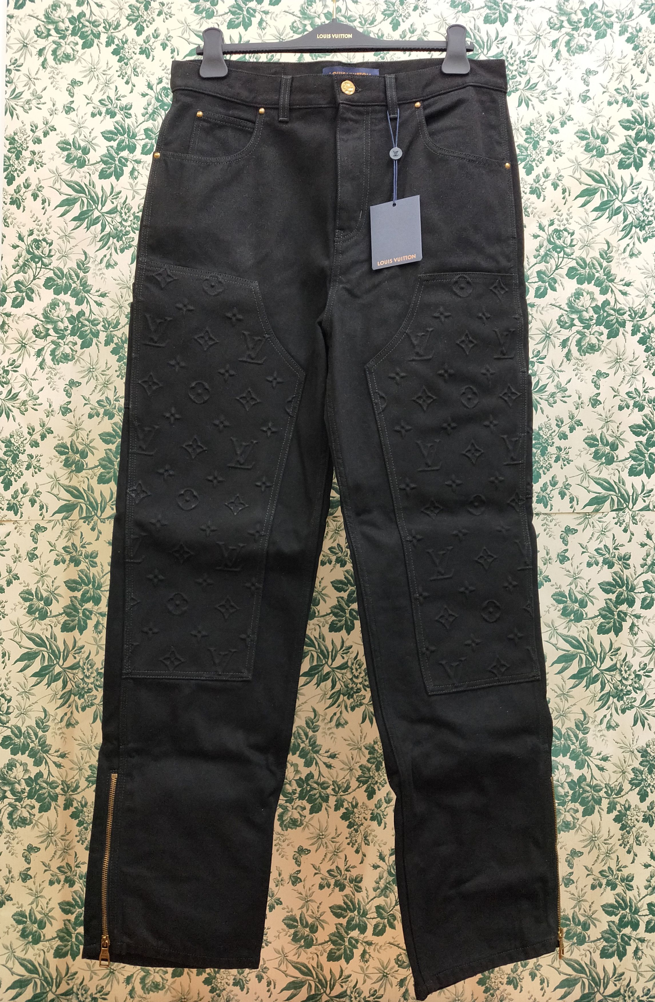 Image of Louis Vuitton Monogram Detail Carpenter Denim Pants in Black, Men's (Size 33)