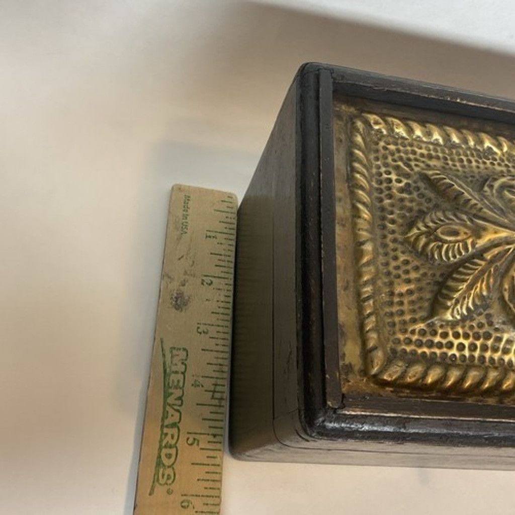 Handmade VTG Dark Brown Wooden Box W/Metal Decorative Brass OrnateTop Size ONE SIZE - 3 Thumbnail