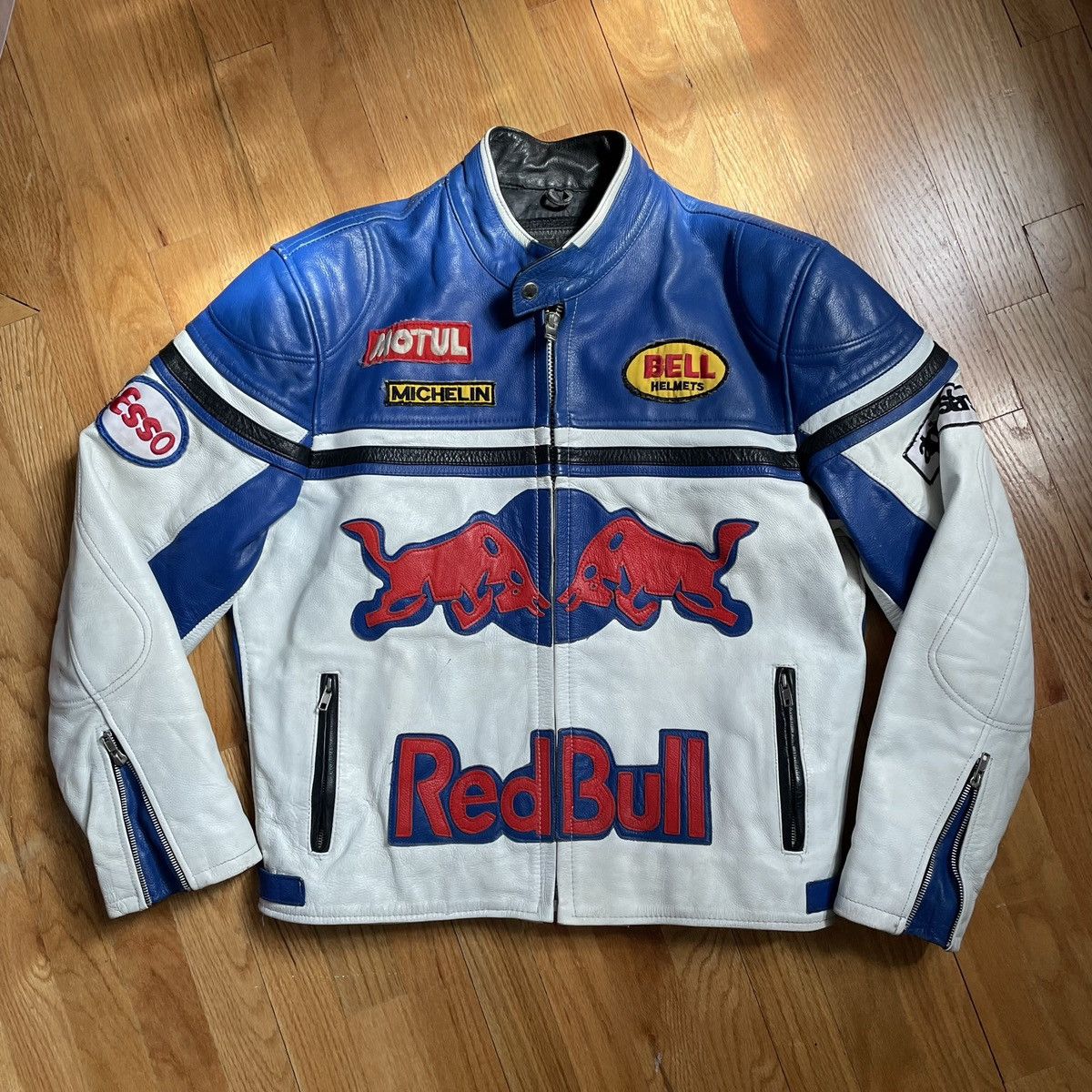 image of Leather Jacket x Red Bull VTG Red Bull Leather Moto Grand Prix Race Jacket in White/Blue (Size Larg