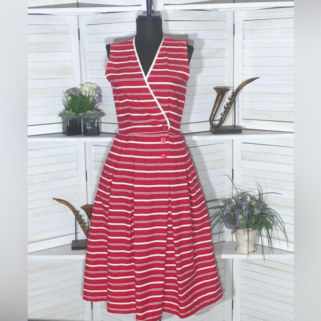Vintage 80s red white full 50s Lucy nautical cotton midi dress S Size S / US 4 / IT 40 - 1 Thumbnail