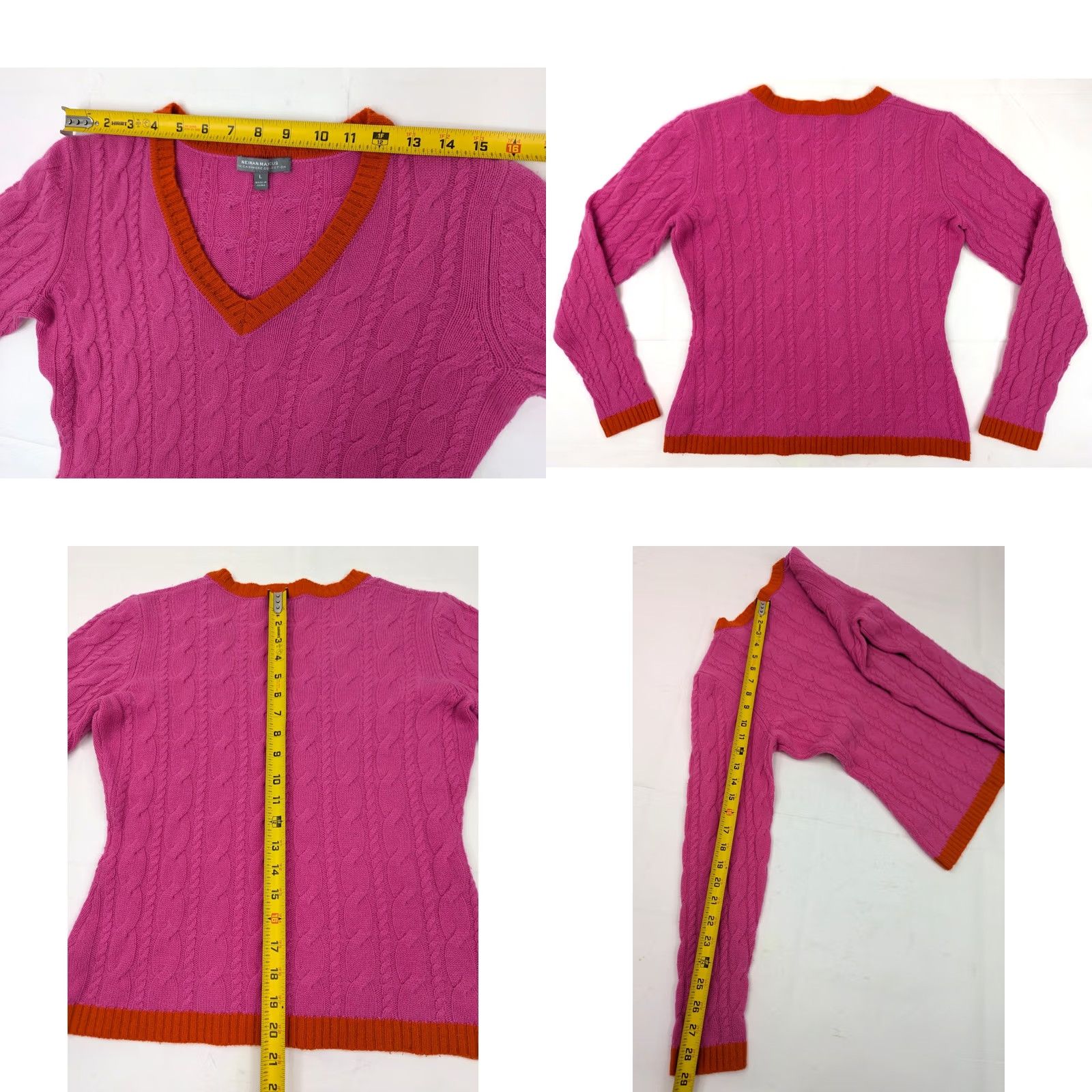Neiman Marcus Neiman Marcus Cashmere Collection Cable Knit Ribbed Rope V-Neck Sweater Women L Pink Size L / US 10 / IT 46 - 8 Thumbnail