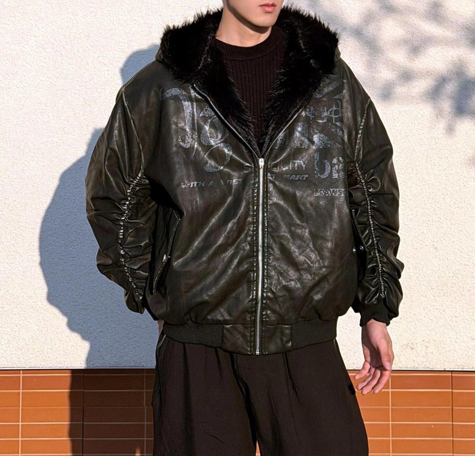 Japanese Brand Black Faux Leather Bomber Jacket with Fur Collar Size US L / EU 52-54 / 3 - 3 Thumbnail
