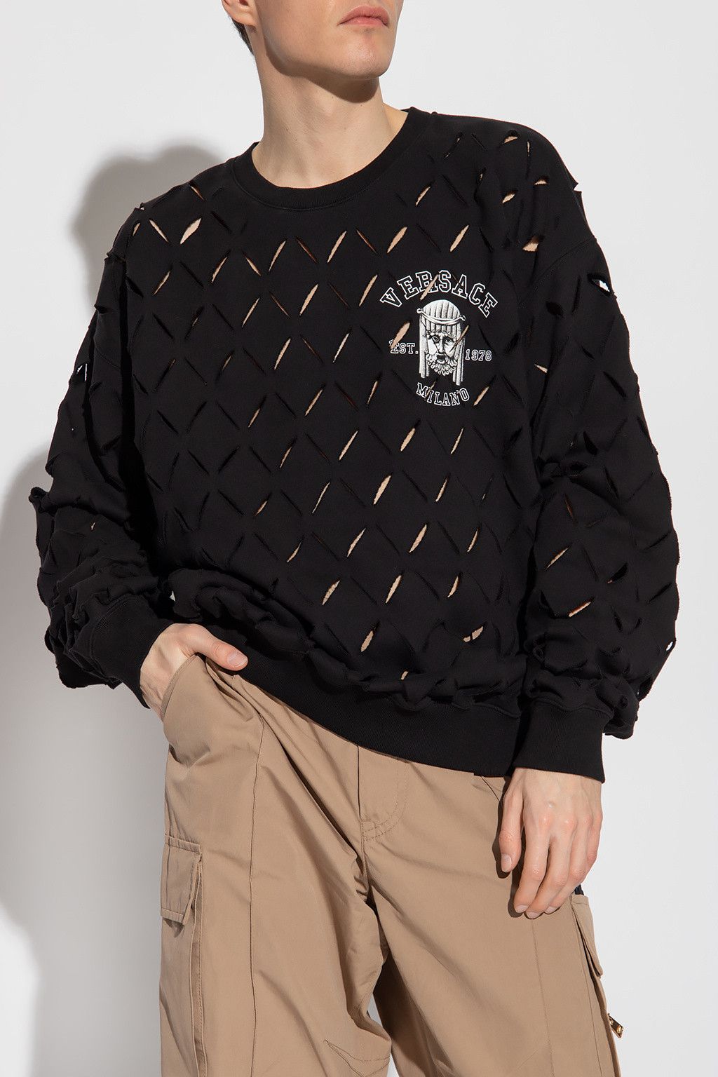 Versace VERSACE Black With White Motif Cut Out Sweater Pullover Size US L / EU 52-54 / 3 - 3 Thumbnail