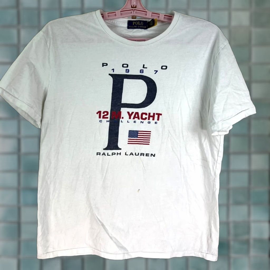Polo Ralph Lauren Polo Ralph Lauren Polo Shirt Men White 12M Yacht Challenge Graphic Short Sleeve Crew Neck 100% Cotton Logo Flag M Size US M / EU 48-50 / 2 - 1 Thumbnail