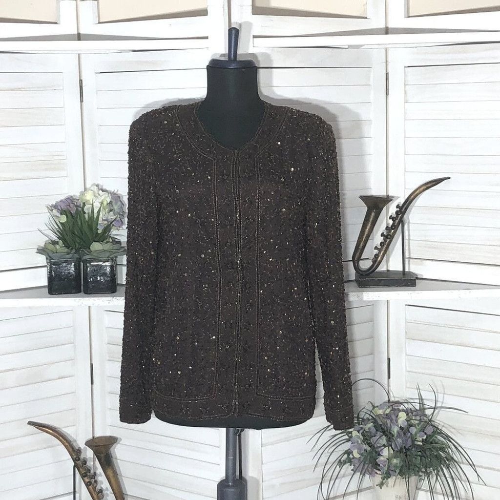 Vintage 100% silk beaded sequined brown blazer long sleeves blouse S Size XS / US 0-2 / IT 36-38 - 1 Thumbnail