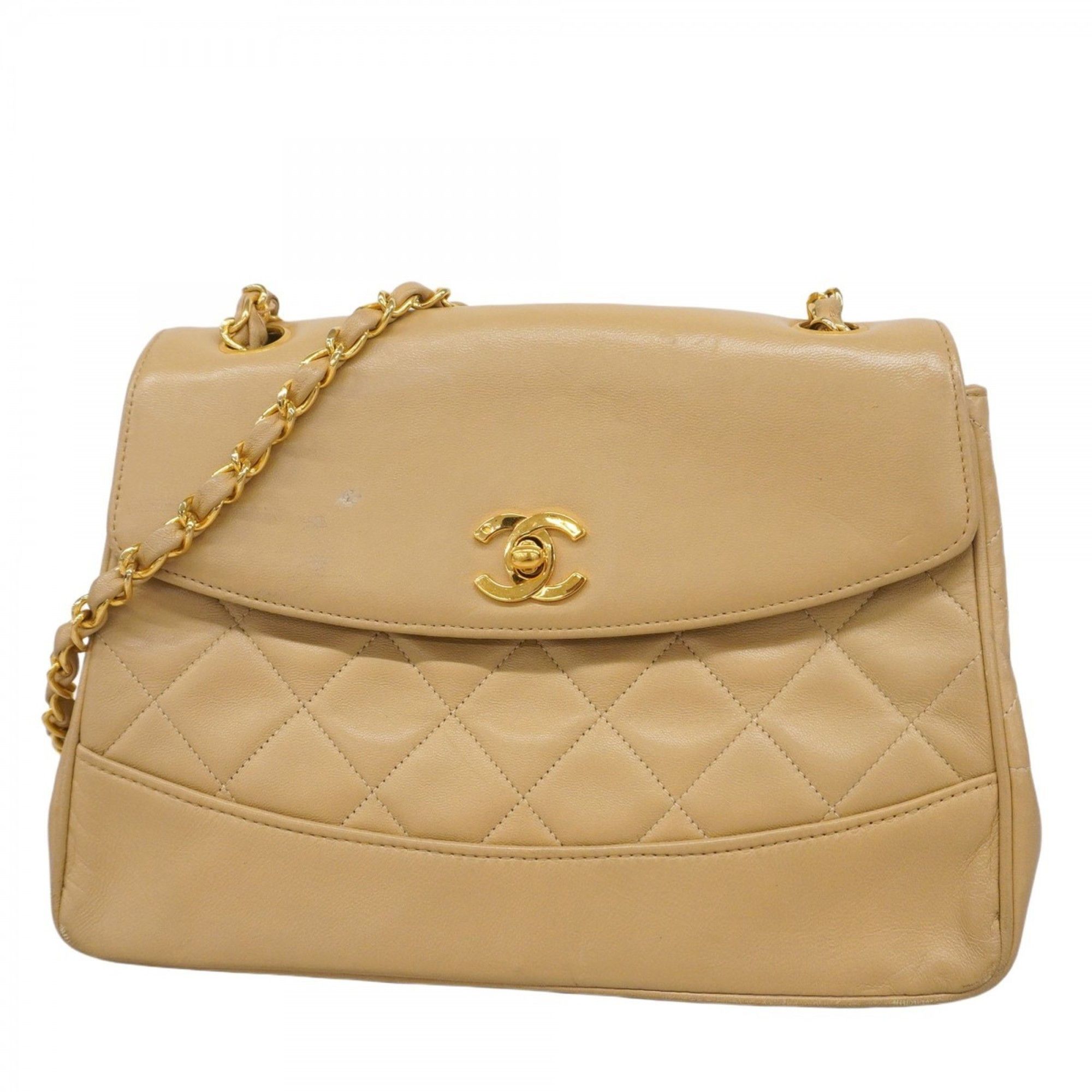 Chanel Matelasse Shoulder Bag with Chain Bag, Lambskin, Beige, Women's