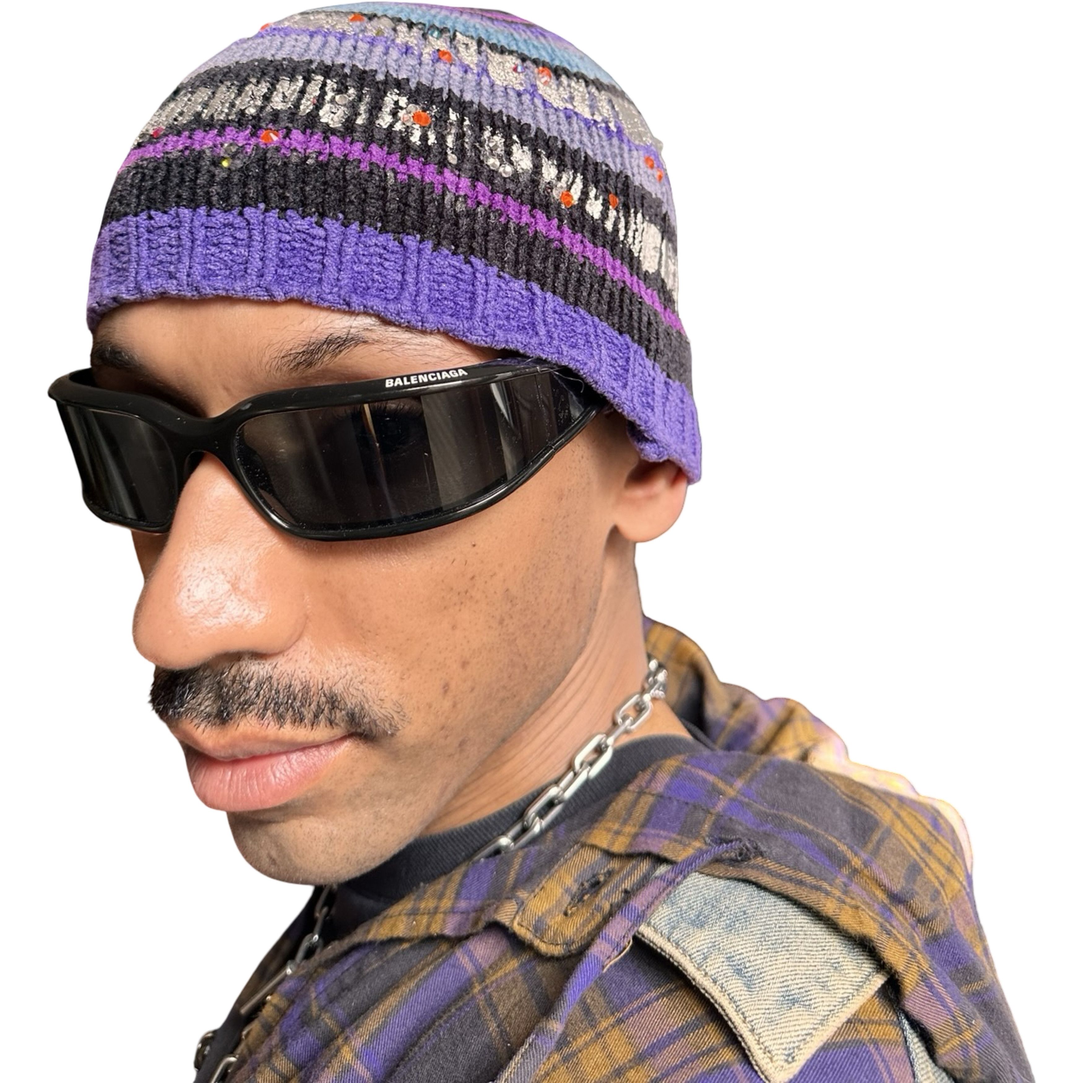 Vintage ASTROBOI* Black/Purple Striped Rhinestone Winter Beanie Size ONE SIZE - 4 Thumbnail