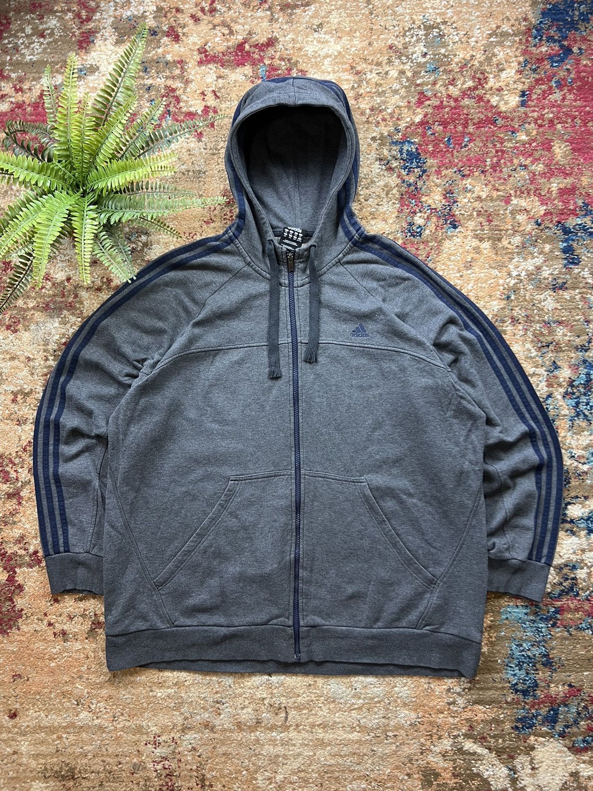 Grey adidas hoodie with black stripes sale