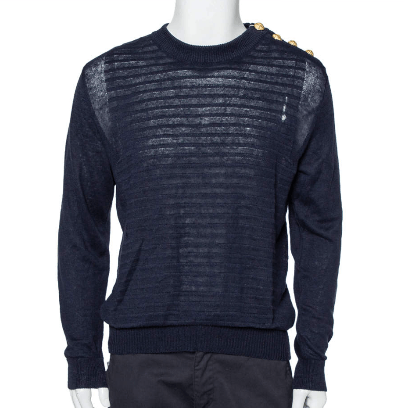 Balmain BALMAIN Linen Navy Stripe Gold Button Distressed Sweater S Size US S / EU 44-46 / 1 - 1 Thumbnail