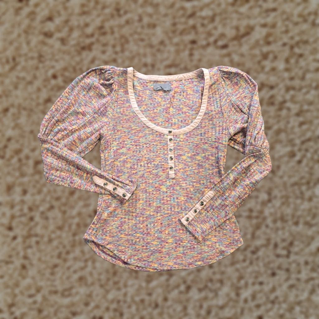 Anthropologie Anthropologie Top Womens Size Small Pink Rainbow Ribbed Henley Casual Coloful Shirt Regular Womens Size S / US 4 / IT 40 - 1 Thumbnail