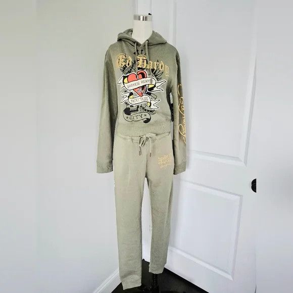 Ed Hardy Broken Hearts Sage Sweatsuit Coord Set Lounge Retro Y2K Size ONE SIZE - 9 Thumbnail