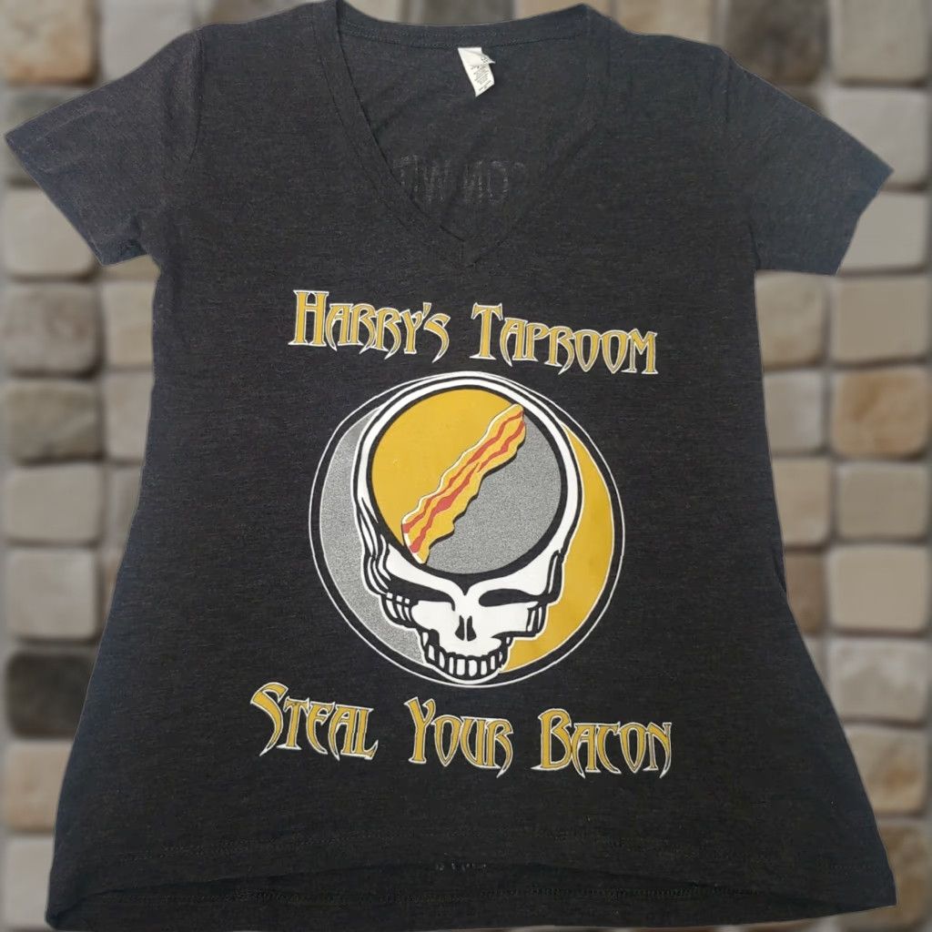 Bell Harrys Taproom Grateful Dead Steal Your Bacon T Shirt Womens S Gray Cap Sleeve V-Neck Bella Size S / US 4 / IT 40 - 1 Thumbnail