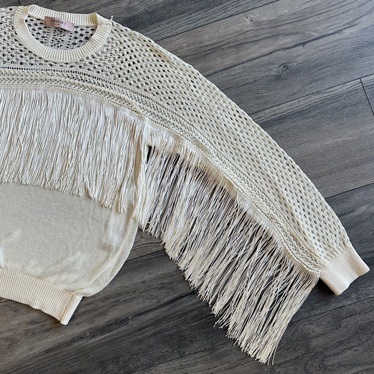 TWINSET TWINSET Milano Cable Knit Fringe Ivory Color Sweater Size M / US 6-8 / IT 42-44 - 3 Thumbnail
