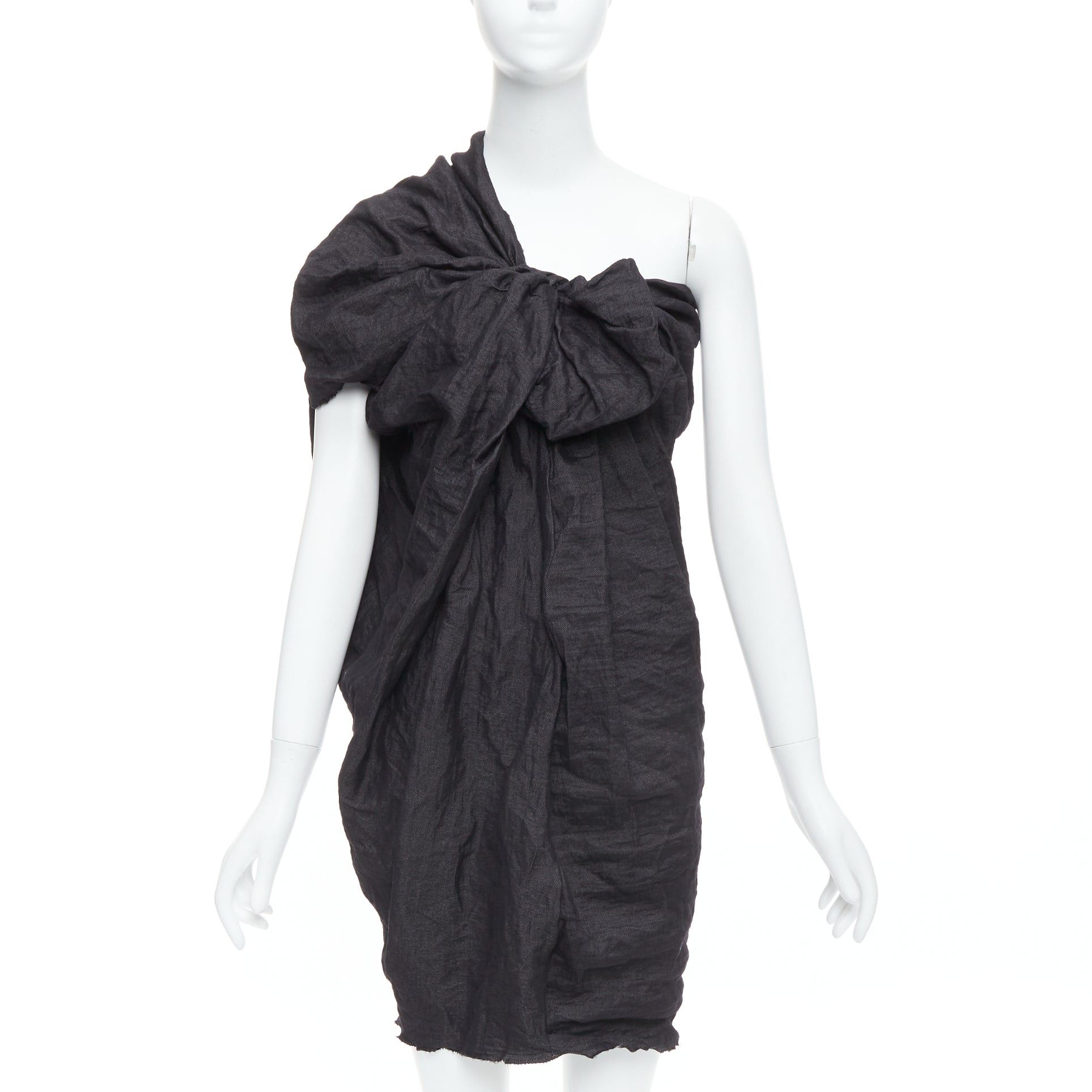 Lanvin LANVIN 2011 black ramie metal blend one shoulder bow mini dress FR36 S Size S / US 4 / IT 40 - 1 Thumbnail
