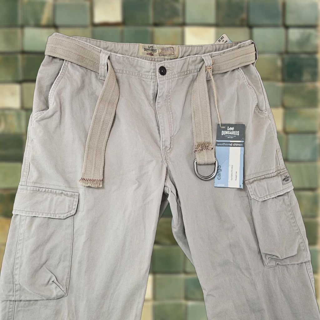VINTAGE Lee Dungarees Cargo Pants Mens 36x30 Khaki Weathered Chinos Loose Fit Belt New