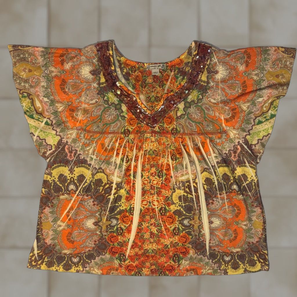 Vintage Energe Blouse Orange 1X Short Sleeve Paisley Sequin Lace Collar Bohemian Top Women Plus Size Size XL / US 12-14 / IT 48-50 - 1 Thumbnail