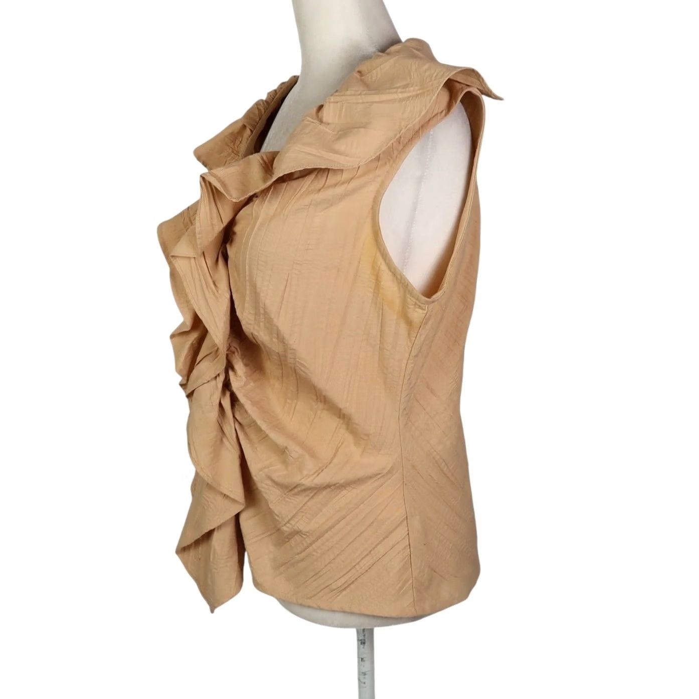 Vintage Farinaz Taghavi Tan Blouse Top Sleeveless Ruffle Front Size 8 Size M / US 6-8 / IT 42-44 - 3 Thumbnail