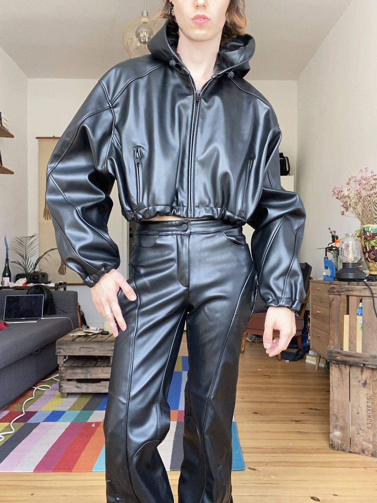 NAMILIA Faux Leather Cropped Hooded Jacket Size XL / US 12-14 / IT 48-50 - 3 Thumbnail