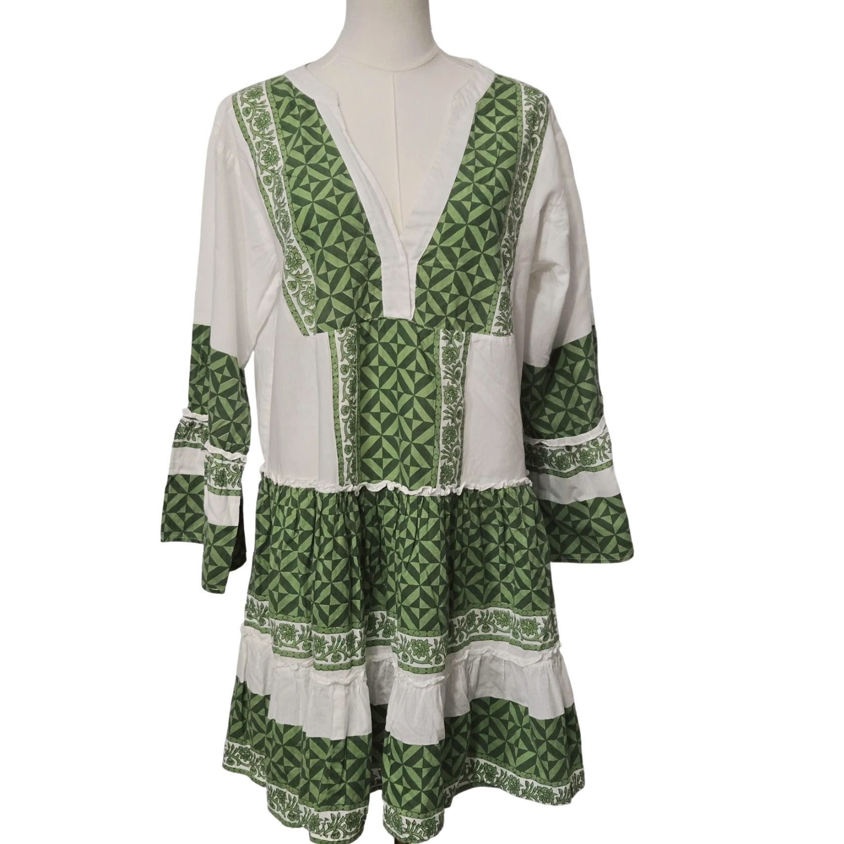 Bell Bindu Dress Womens M Short Green White Geometric Boho Bell Sleeve Swing Size M / US 6-8 / IT 42-44 - 2 Thumbnail
