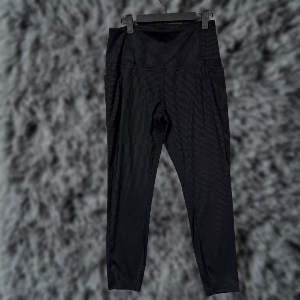 Vintage Move Theology Leggings Womens L Black Ribbed High Rise Pockets 27x28.5 Athletic Size 36" / US 14 / IT 50 - 1 Thumbnail