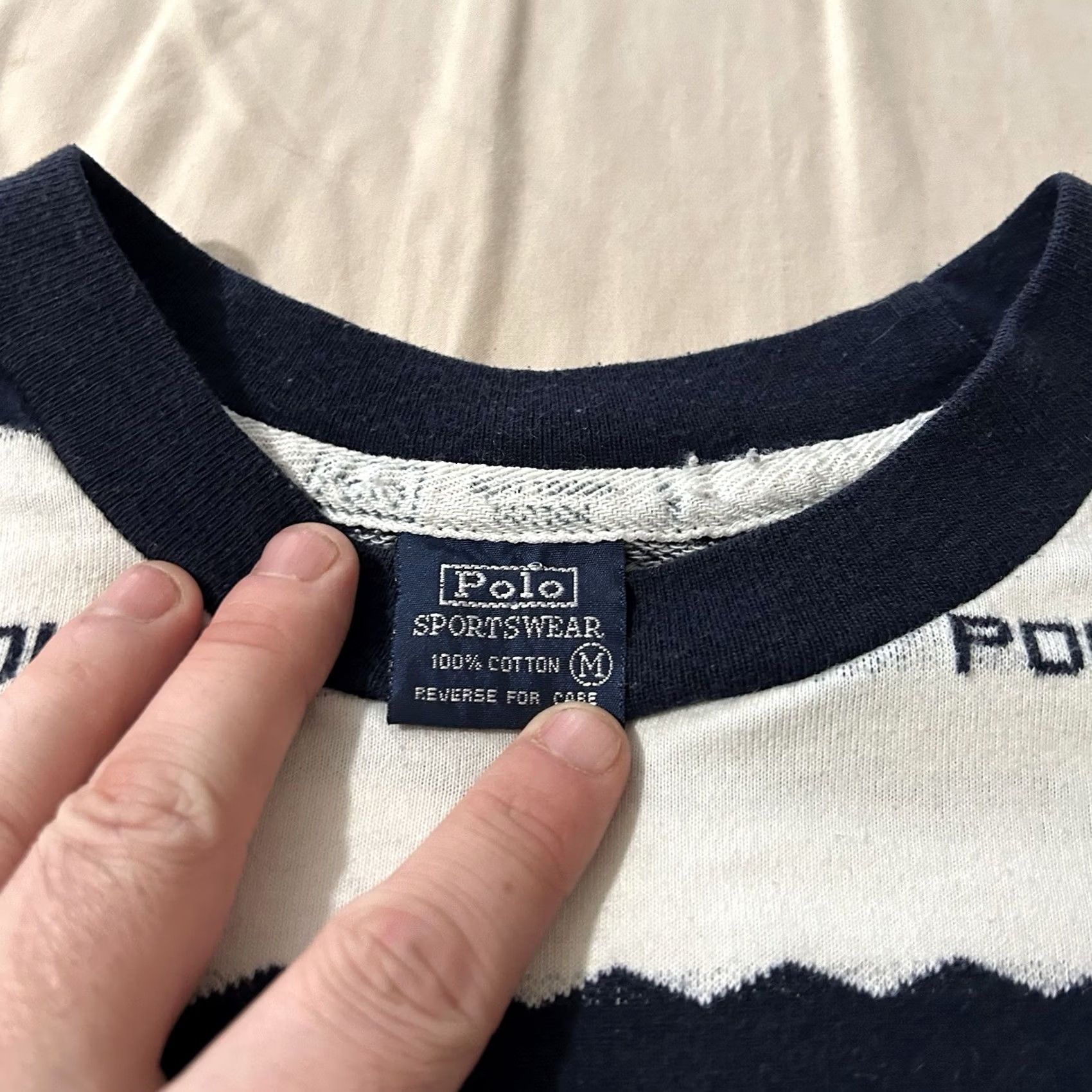 Vintage VINTAGE Polo Sport Shirt Striped All Over Spellout Size Medium 90s Men White T-Shirt Size US M / EU 48-50 / 2 - 4 Thumbnail
