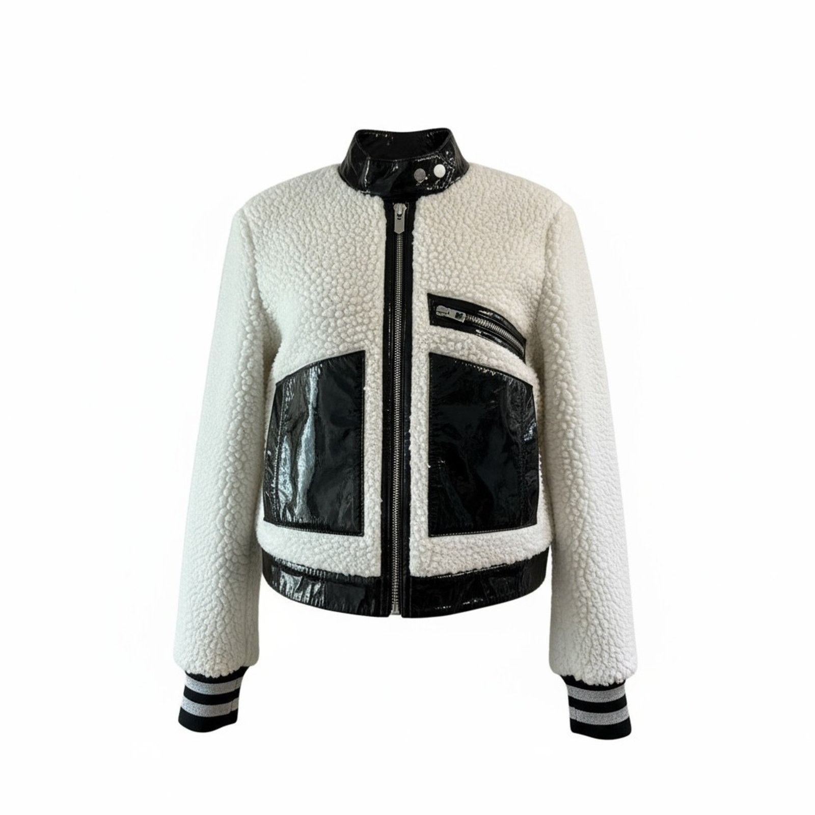 Other Handmade Black & White Shearling Moto Jacket Patent Leather Size XS / US 0-2 / IT 36-38 - 11 Thumbnail