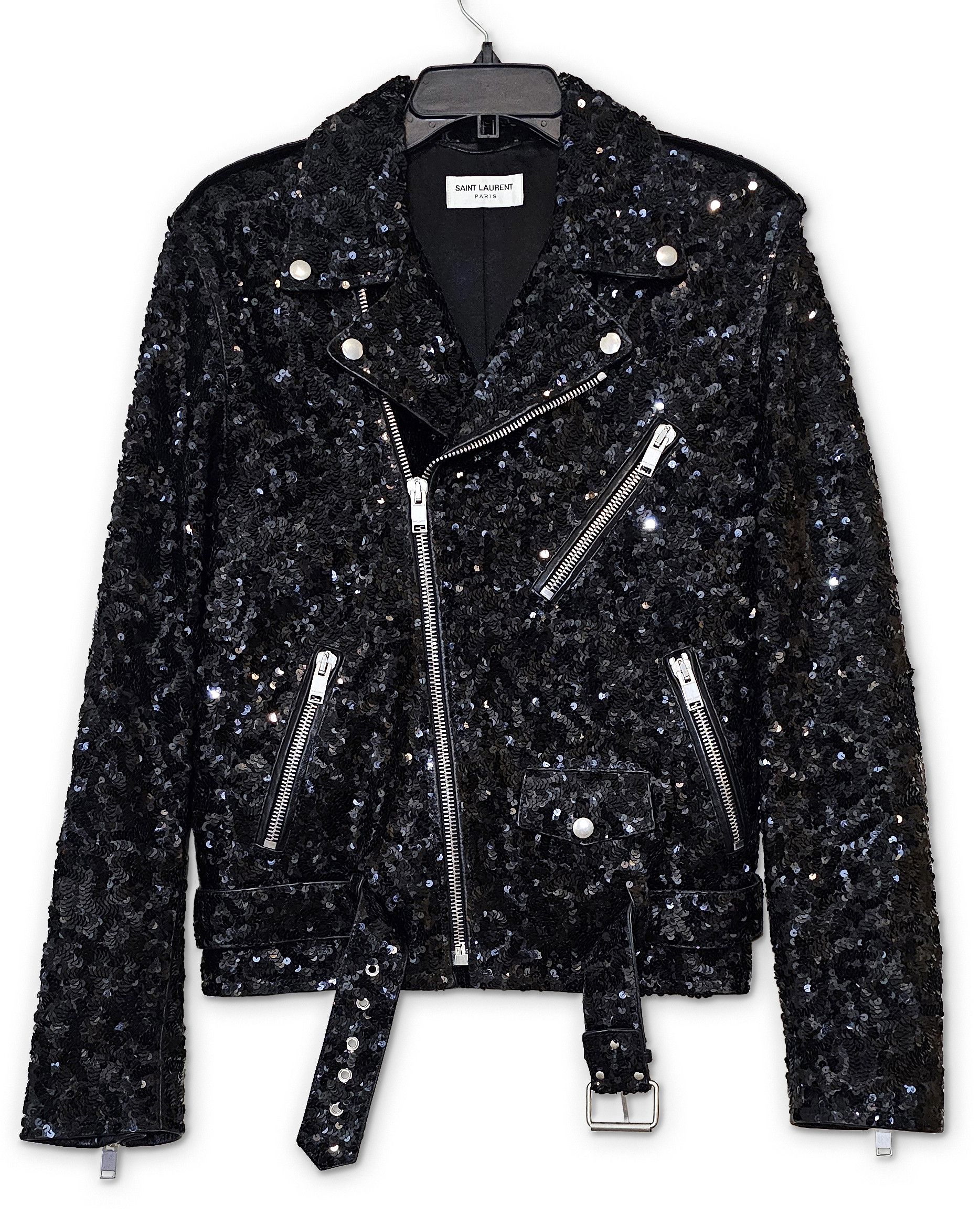 image of Saint Laurent Paris Fw16 Sequined Lambskin Biker Jacket in Black, Men's (Size Medium)
