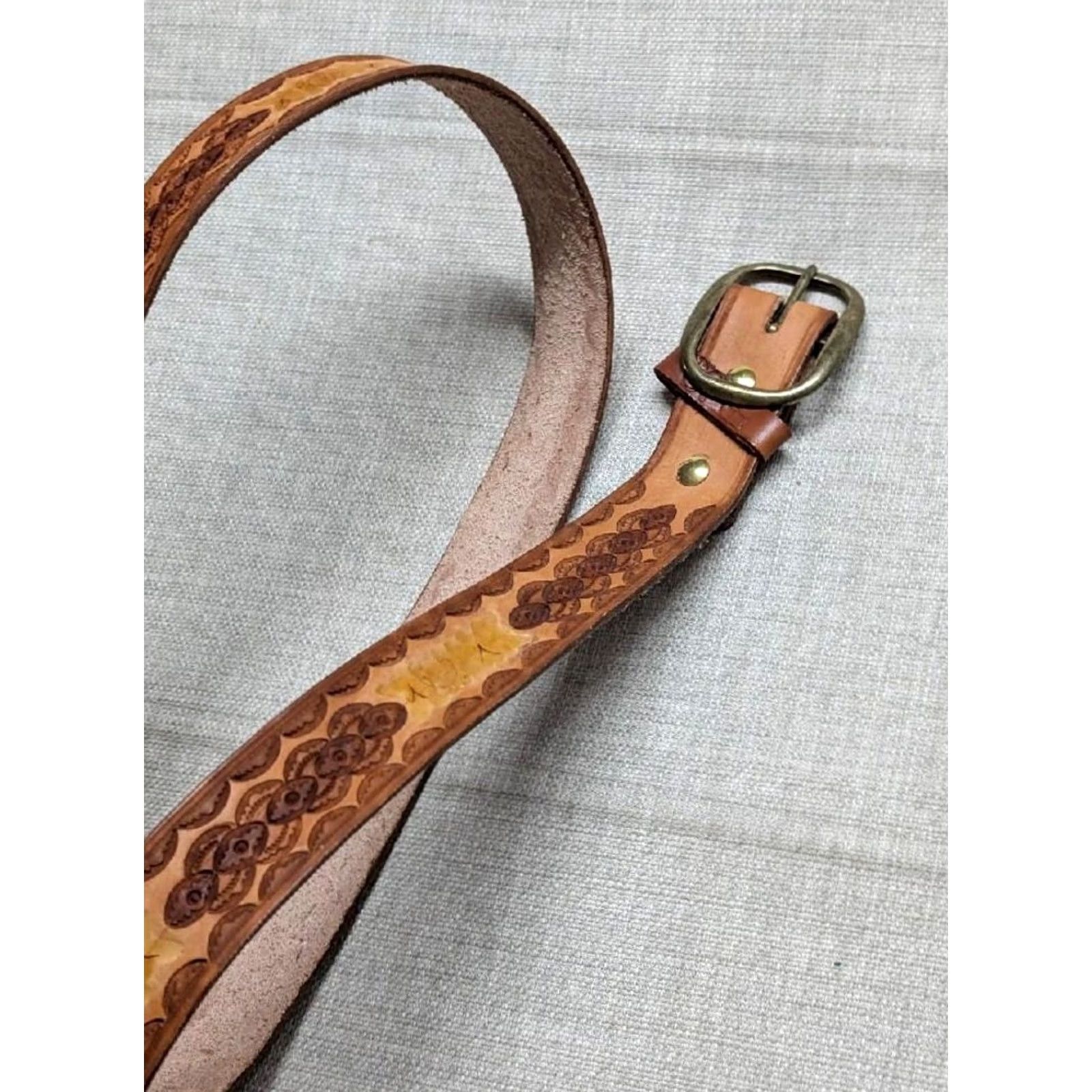 Vintage VINTAGE HANDCRAFTED belt TOOLED cowhide 40 brown WESTERN geometric brass Size 40 - 3 Thumbnail