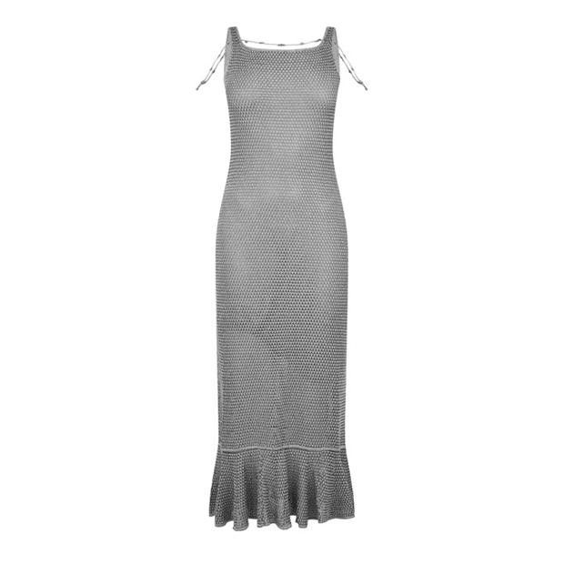 o1g2r1mq1024 Embellished Knit Dress in Silver