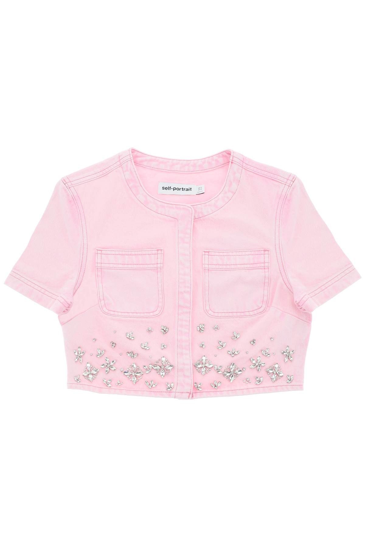 image of Self Portrait Denim Crop Top With Crystals Embellishments in Rosa, Women's (Size XS)
