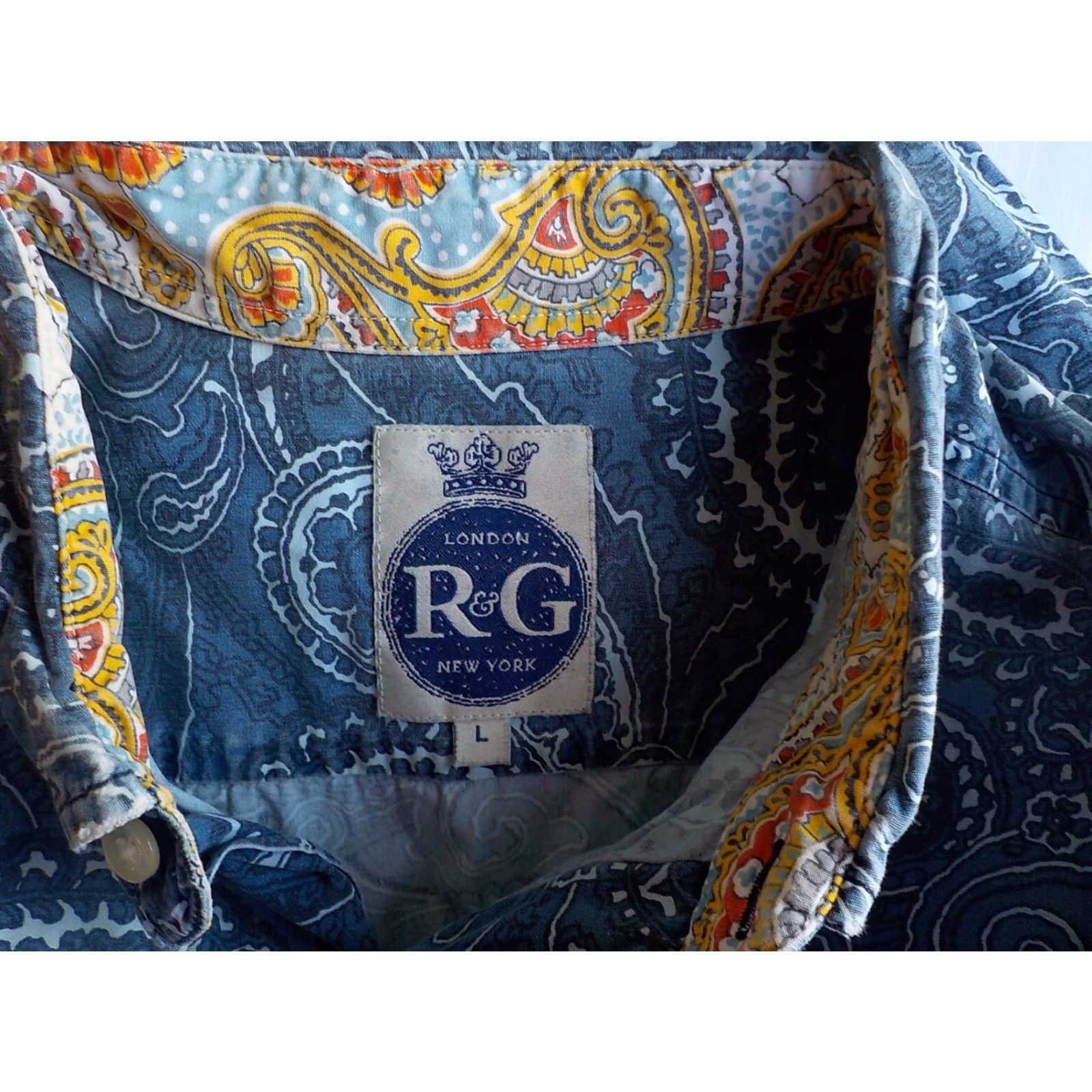 Vintage VINTAGE R&G Paisley Button-Up Shirt BLUE Short Sleeve Large Mens 70s 80s 90s Size US L / EU 52-54 / 3 - 4 Thumbnail